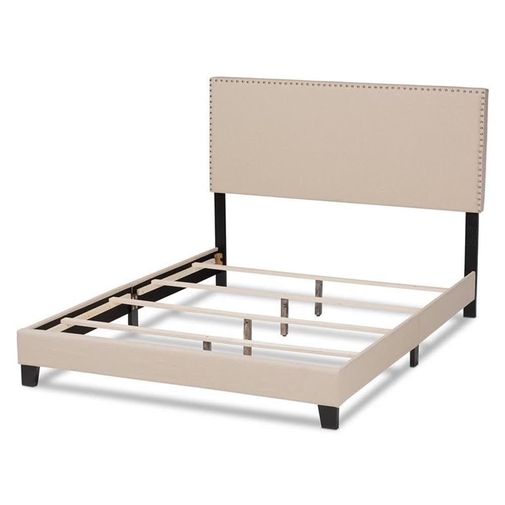 BOWERY HILL Full Size Beige Linen Upholstered Panel Bed with Nailhead Trim - Modern Bedroom Furniture for Master Bedroom, Guest Room & Apartment Decor