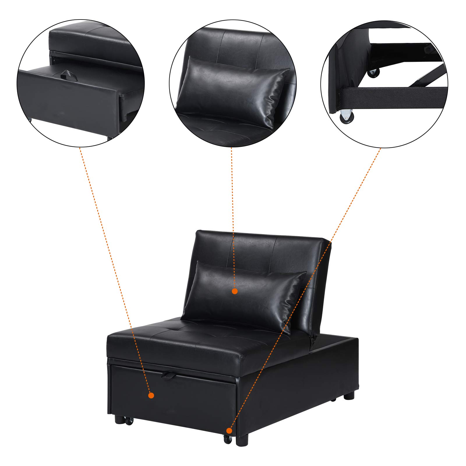 4-in-1 Convertible Faux Leather Sofa Bed - Foldable Ottoman Sleeper with Pillow for Small Spaces | Multi-Functional Recliner Chair for Living Room, Apartment & Guest Room (Space Saving Furniture Solution)