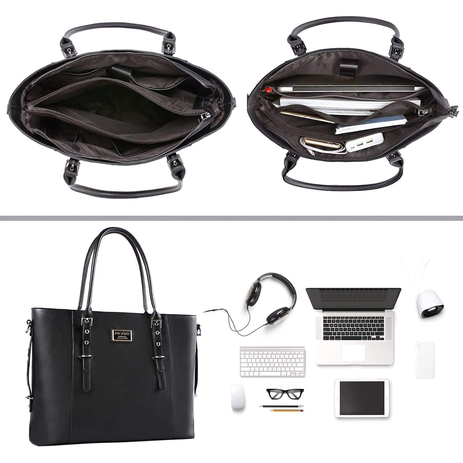 MOSISO Women's 13-13.3 Inch Waterproof PU Leather Laptop Tote Bag - Large Capacity Business Work Briefcase Shoulder Bag (Black) for Office, Travel & Daily Commute