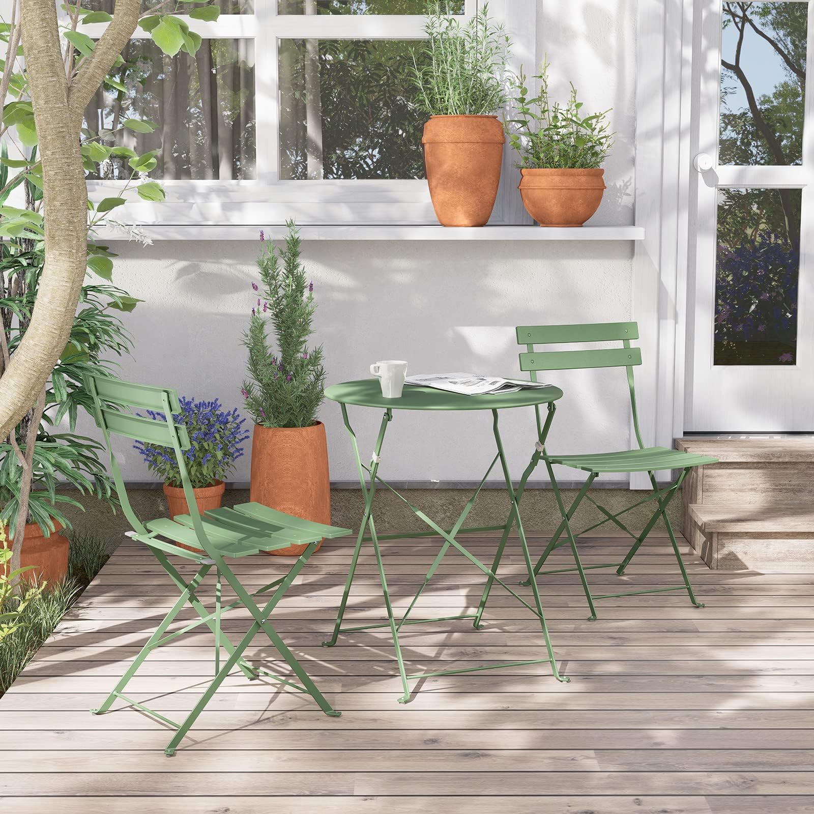 Premium Folding Patio Bistro Set - 3-Piece Outdoor Furniture with Table & Chairs in Sage Green - Perfect for Small Balconies, Gardens, and Backyard Relaxation