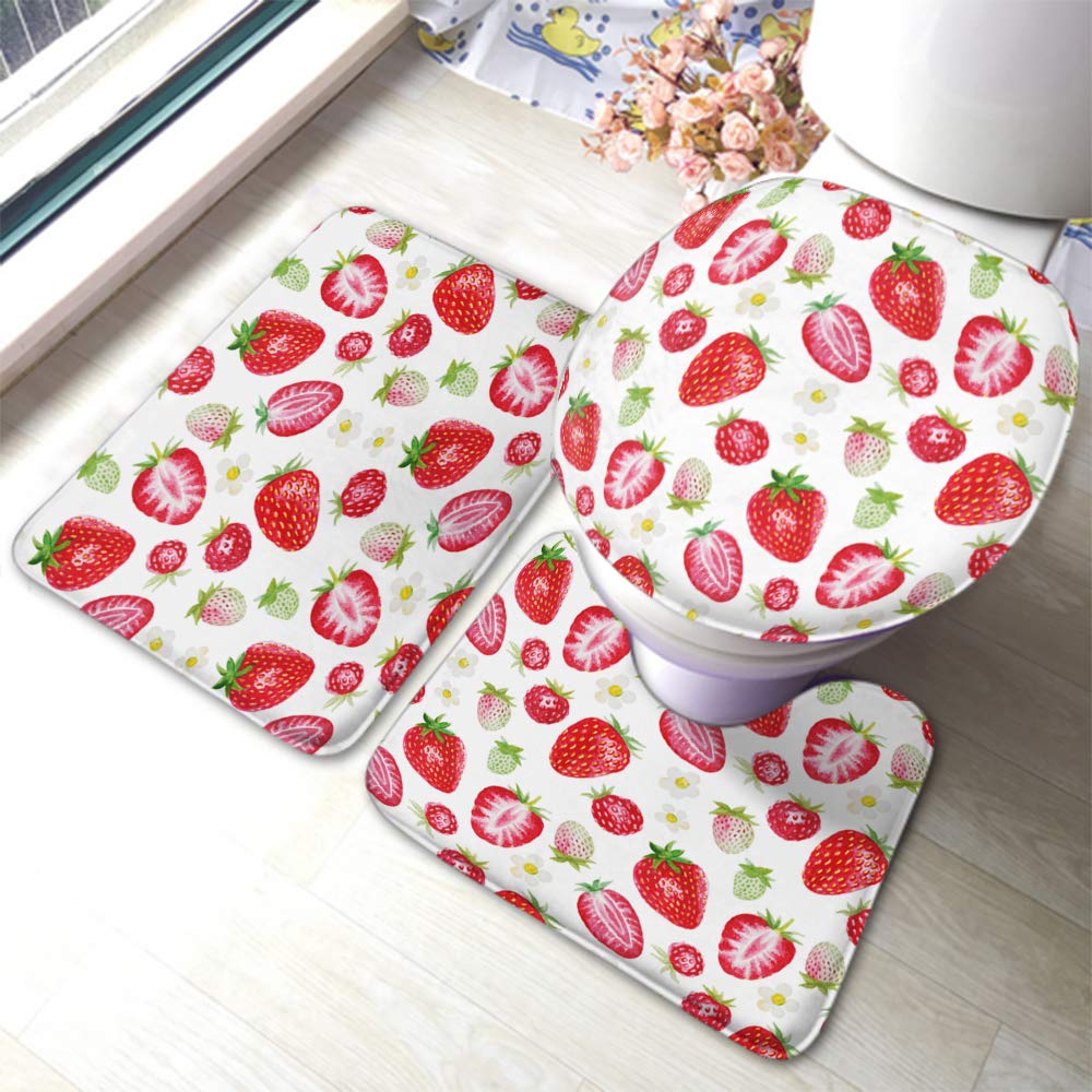 Swono Strawberry Bath Mat Set - 3 Piece Non-Slip Watercolor Floral Bathroom Rugs with Cute Strawberry Design for Hotel, Spa & Home Use - Soft Rubber Toilet Lid Cover & Floor Mats for Bathroom Safety