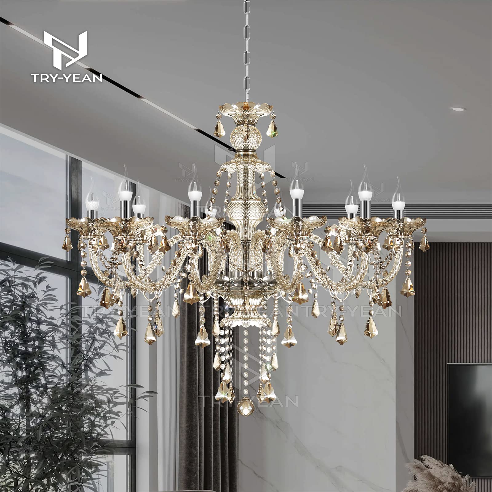Modern 10-Light Cognac Chandelier with K9 Crystal Glass & Adjustable Chain - Classic Candle Style Ceiling Pendant Light for Bedroom, Dining Room, Hallway (E12 Base) - Perfect for Romantic Dinners, Wedding Decor & Luxury Home Lighting