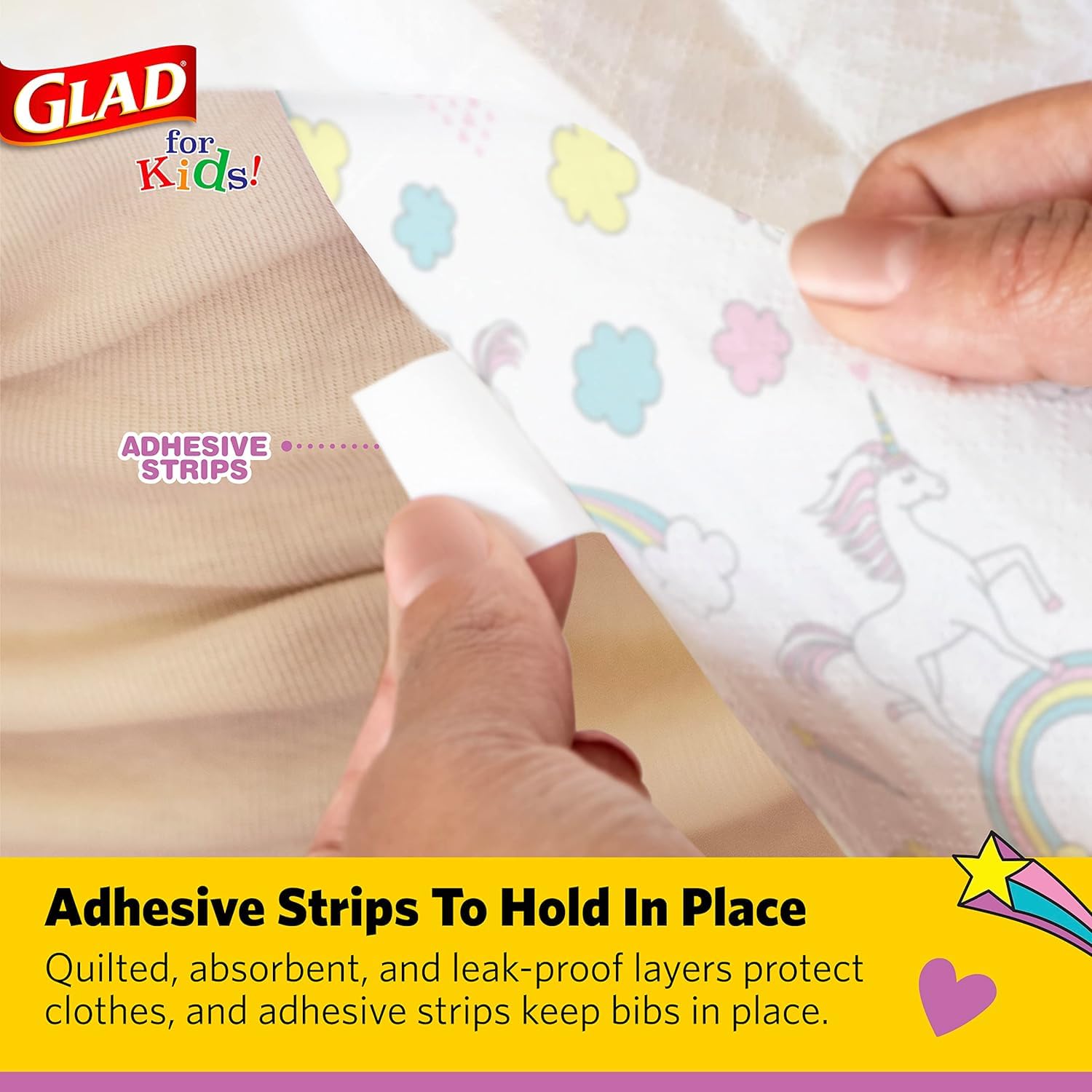Glad for Kids Unicorns Disposable Bibs - 24 Pack Cute Unicorn Design Baby Feeding Bibs for Toddlers, Mess-Free Mealtime & On-the-Go Convenience