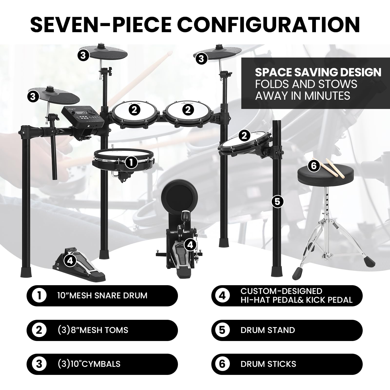 Electric Drum Set for Beginners - 5 Mesh Pads, 3 Cymbals with 390 Sounds | Quiet Electronic Drum Kit with Kick Pedal, Throne, Headphones & USB MIDI | Perfect for Home Practice, Studio Recording & Music Education