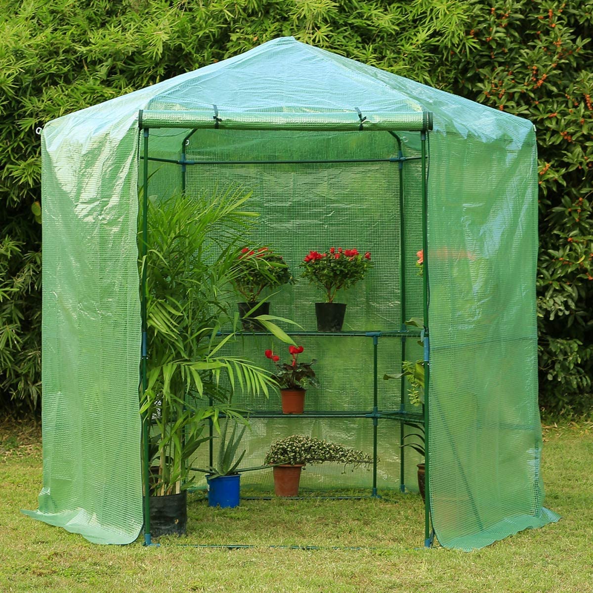 YOLENY 7.5FT Portable Greenhouse Outdoor with 3-Tier Shelves, Hexagonal Walk-in Garden Greenhouse Kit for Plants - Perfect for Backyard, Patio & Indoor Use (White)