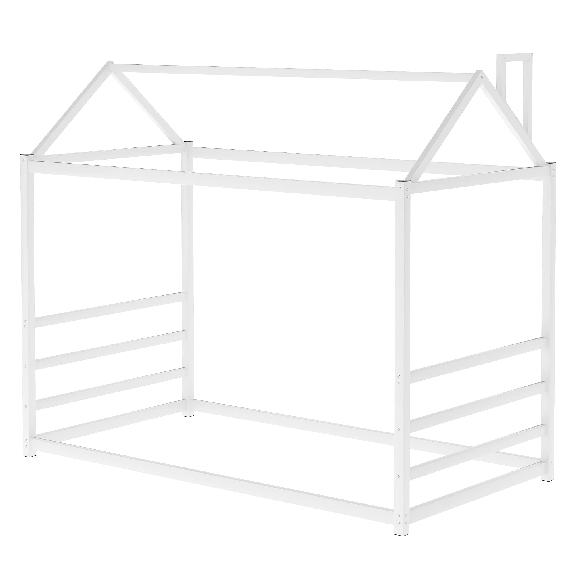 Montessori Floor Bed for Kids - Twin Size Metal House Bed Frame with Roof - Safe & Sturdy Toddler Bed for Boys & Girls - White - Perfect for Montessori Bedrooms, Playrooms & Kids' Sleepovers