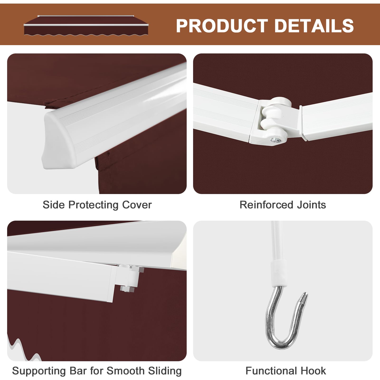MEETWARM 8.2'x6.5' Retractable Patio Awning - Manual Crank Sun Shade Canopy with Waterproof 280g/m² Polyester Fabric for Outdoor, Balcony, Yard (Burgundy) - Perfect for Backyard BBQs, Poolside Lounging & Garden Relaxation