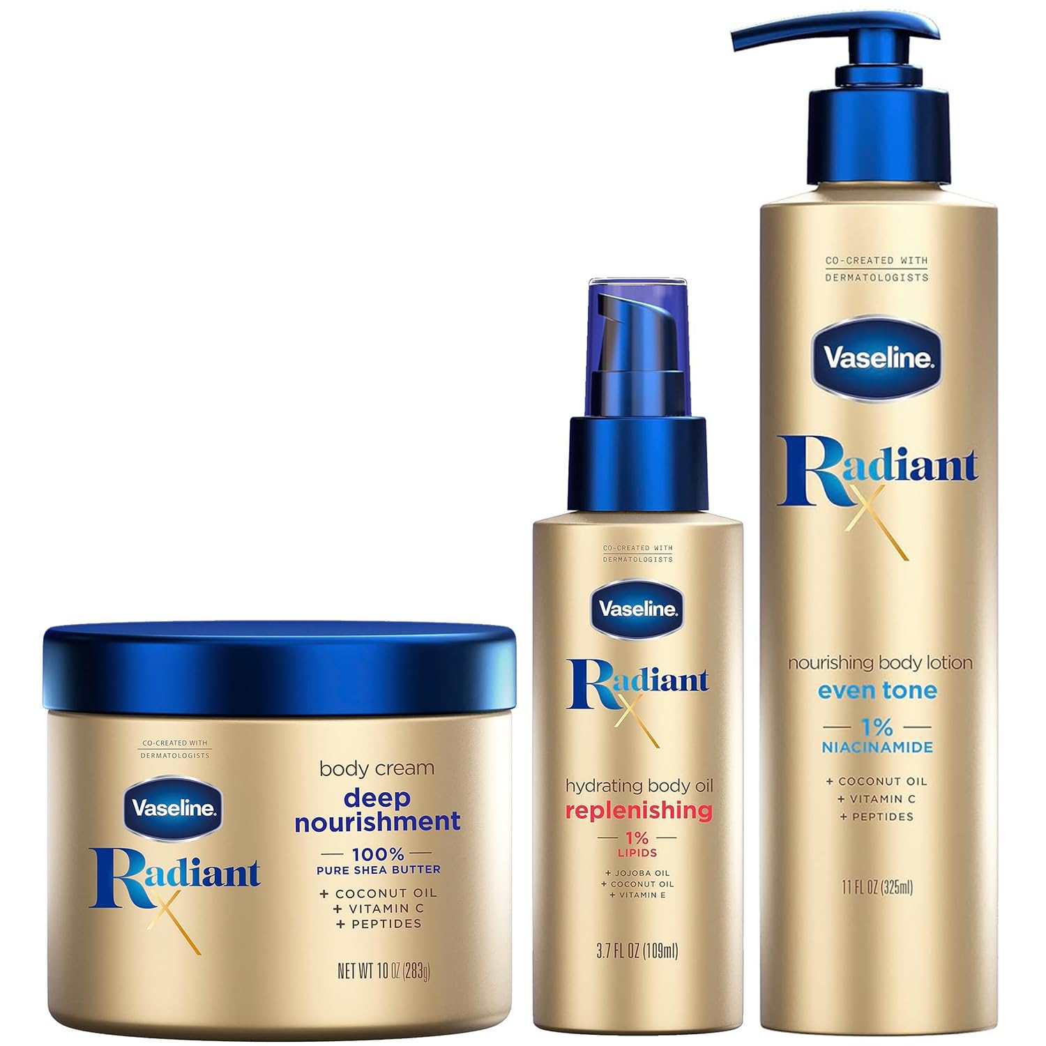 Vaseline Radiant X Skin Care Set – Even Tone Nourishing Body Lotion with 1% Niacinamide, Deep Nourishment Body Cream with Vitamin C + Hydrating Body Oil with Vitamin E (3 Piece Set) – Perfect for Daily Moisturizing, Brightening & Hydrating Dry Skin – Ideal for Home & Travel Use
