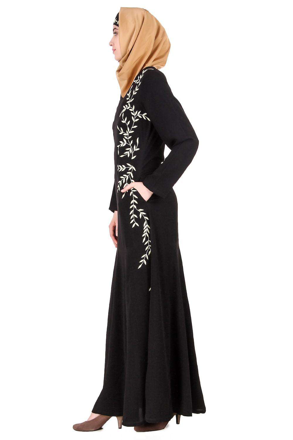 Elegant Black Nida Leaf Embroidered Abaya Dress - Islamic Modest Prayer Dress for Women - Perfect for Eid, Ramadan & Special Occasions
