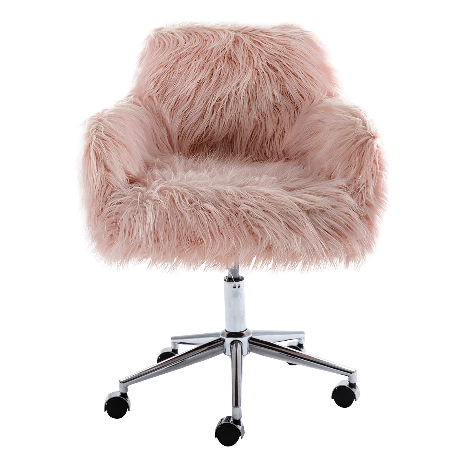 Elegant Pink Faux Fur Vanity Chair with Wheels - Modern Comfy Makeup Desk Chair for Girls & Women - Perfect for Bedroom, Living Room & Dressing Room Decor