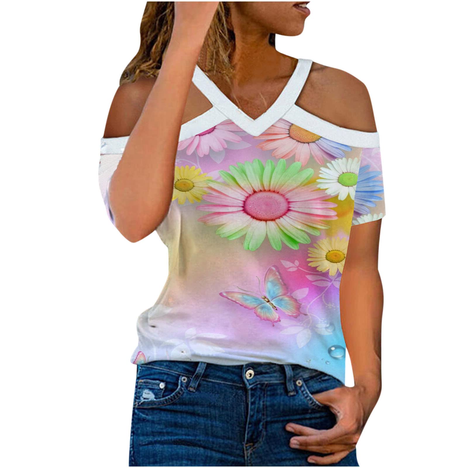 Women's Cute Butterfly Print Cold Shoulder T-Shirt - Halter V-Neck Tunic Top for Summer Casual Wear | Perfect for Beach Outings, Date Nights & Vacation Outfits