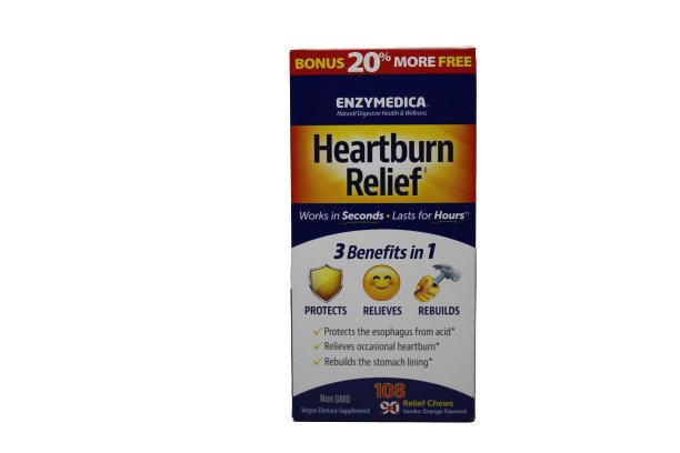 Enzymedica Heartburn Relief Chewable Tablets - Vanilla Orange Flavor (108 Count) | Fast-Acting Digestive Support for Acid Reflux & Indigestion | Perfect for After Meals & Travel