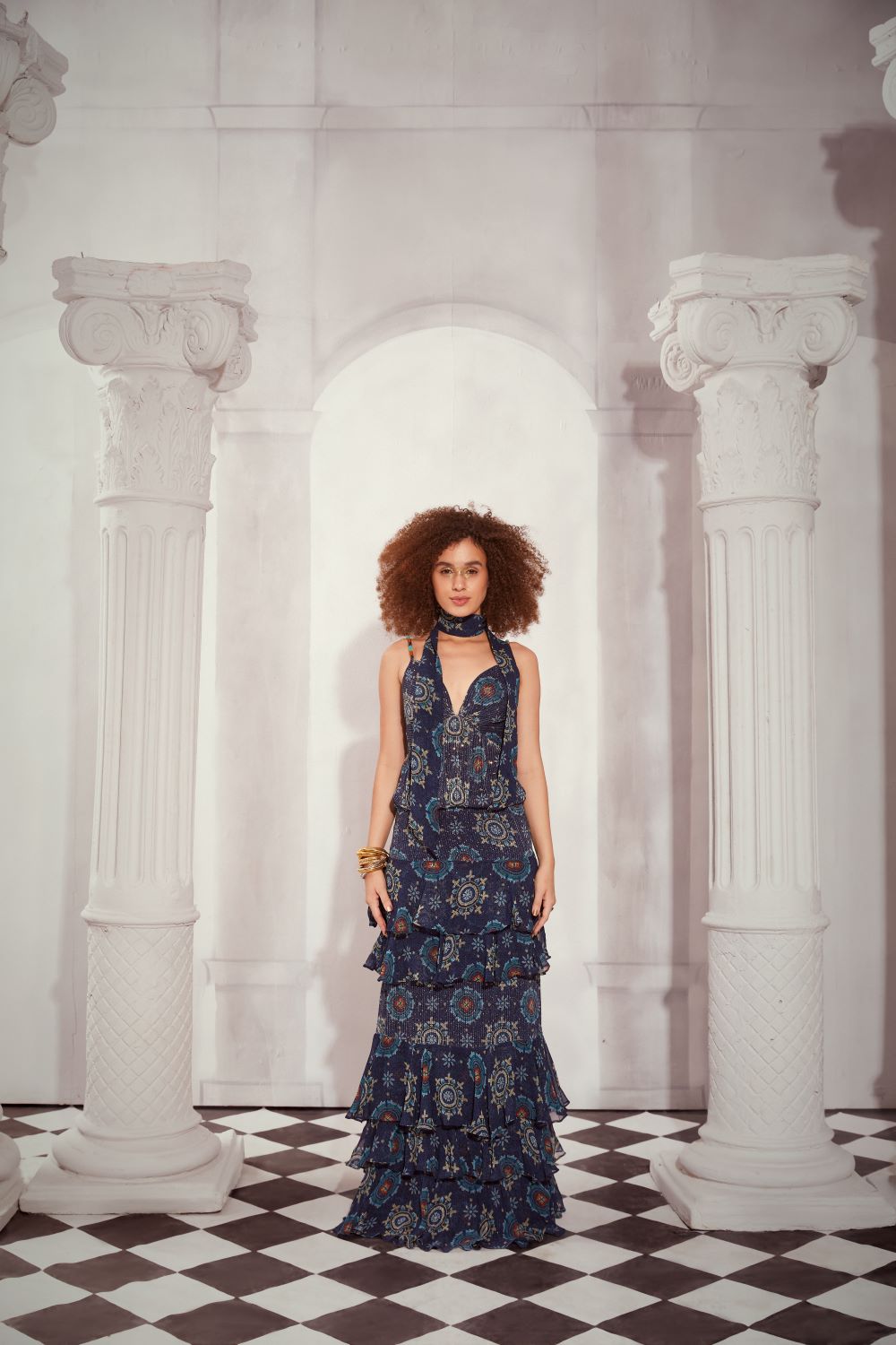 Blue Mosaic Print Layered Maxi Dress with Detachable Neck Scarf - Boho Chic Summer Beach Dress for Women, Perfect for Vacations, Parties & Outdoor Events