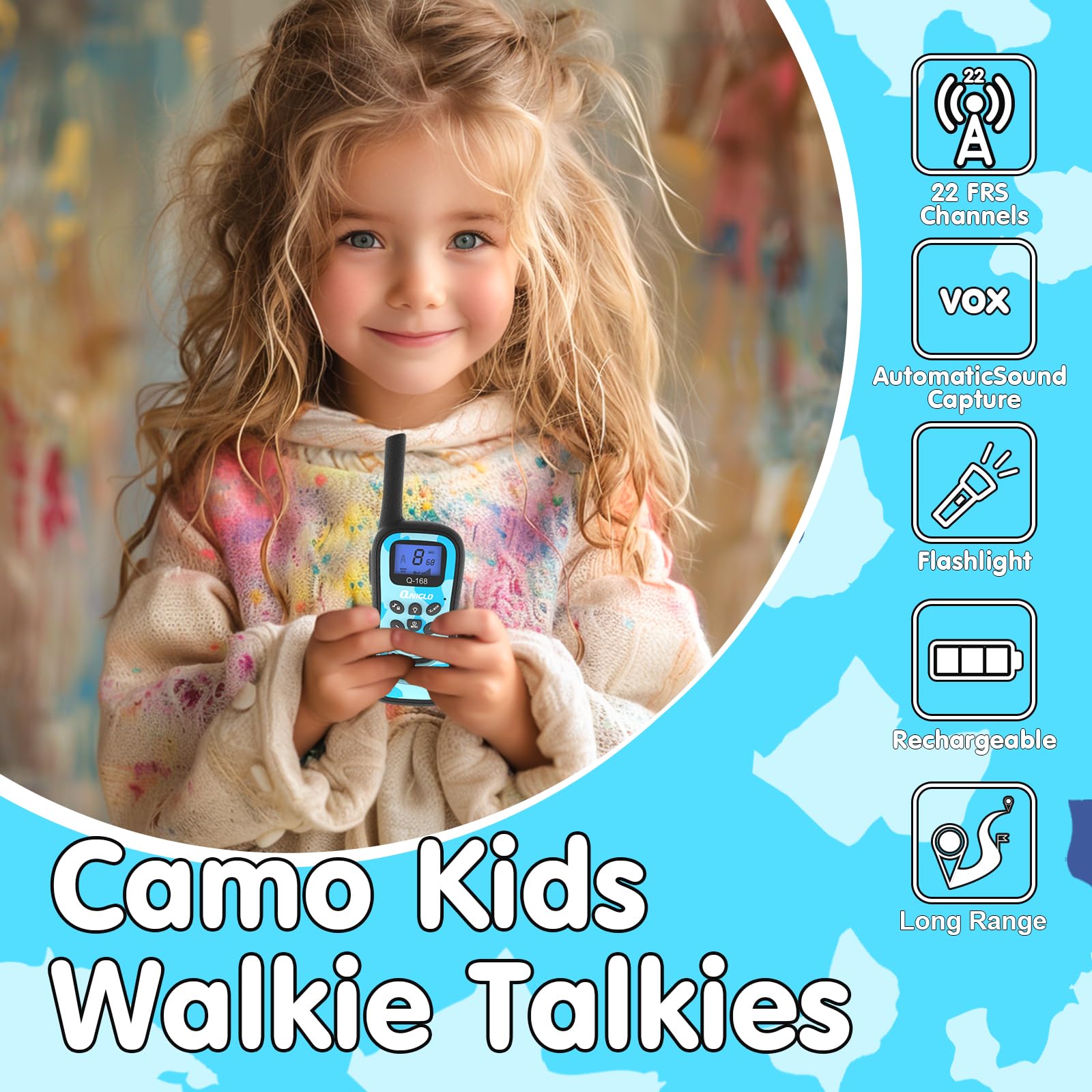 Qniglo Rechargeable Walkie Talkies for Kids - 22 Channel USB Charging Two Way Radios with Lanyard, Camouflage Design - 4 Pack Walkie Talkies for Camping, Hiking, Family Outdoor Games - Perfect Gift for Boys & Girls Ages 3-12 (Birthday, Christmas, Travel Adventures)