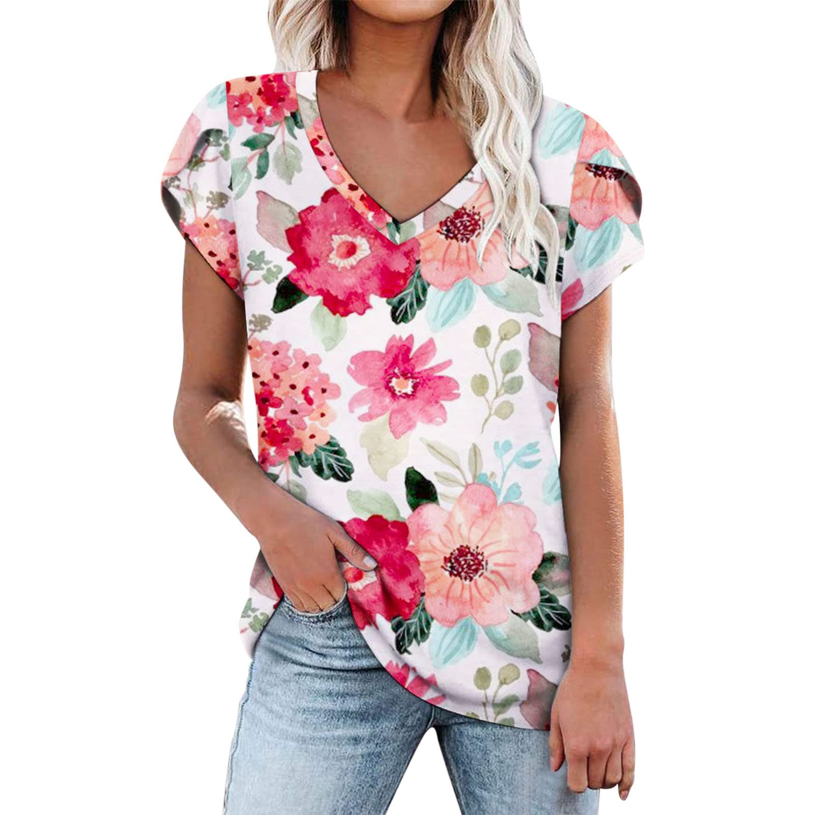 Women's Summer T-Shirts - Casual V-Neck Floral Print Blouse with Petal Sleeves, Loose Fit Athletic Top for Yoga, Running & Everyday Wear