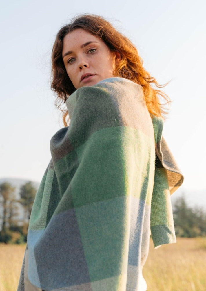 John Hanly Lambswool Cape - Soft Baby Blue & Green Checkered Shawl for Women | Cozy Winter Wrap, Outdoor Travel Blanket, Elegant Evening Cover