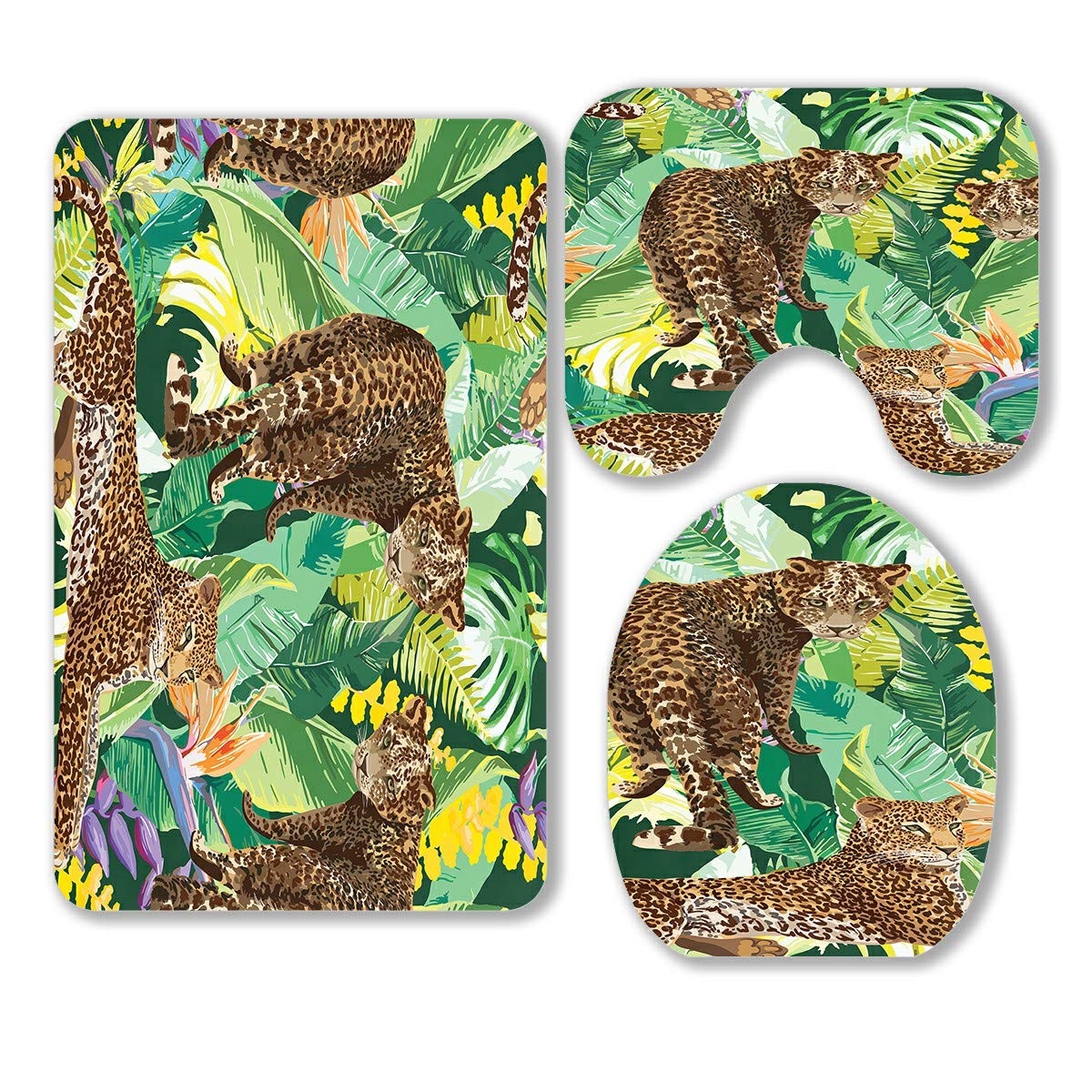 ECZJNT 3-Piece Leopard Print Bathroom Rug Set - Non-Slip Tropical Flower Animal Design Bath Mat, Contour Rug & Toilet Lid Cover - Soft Absorbent for Bath, Shower & Powder Room Decor