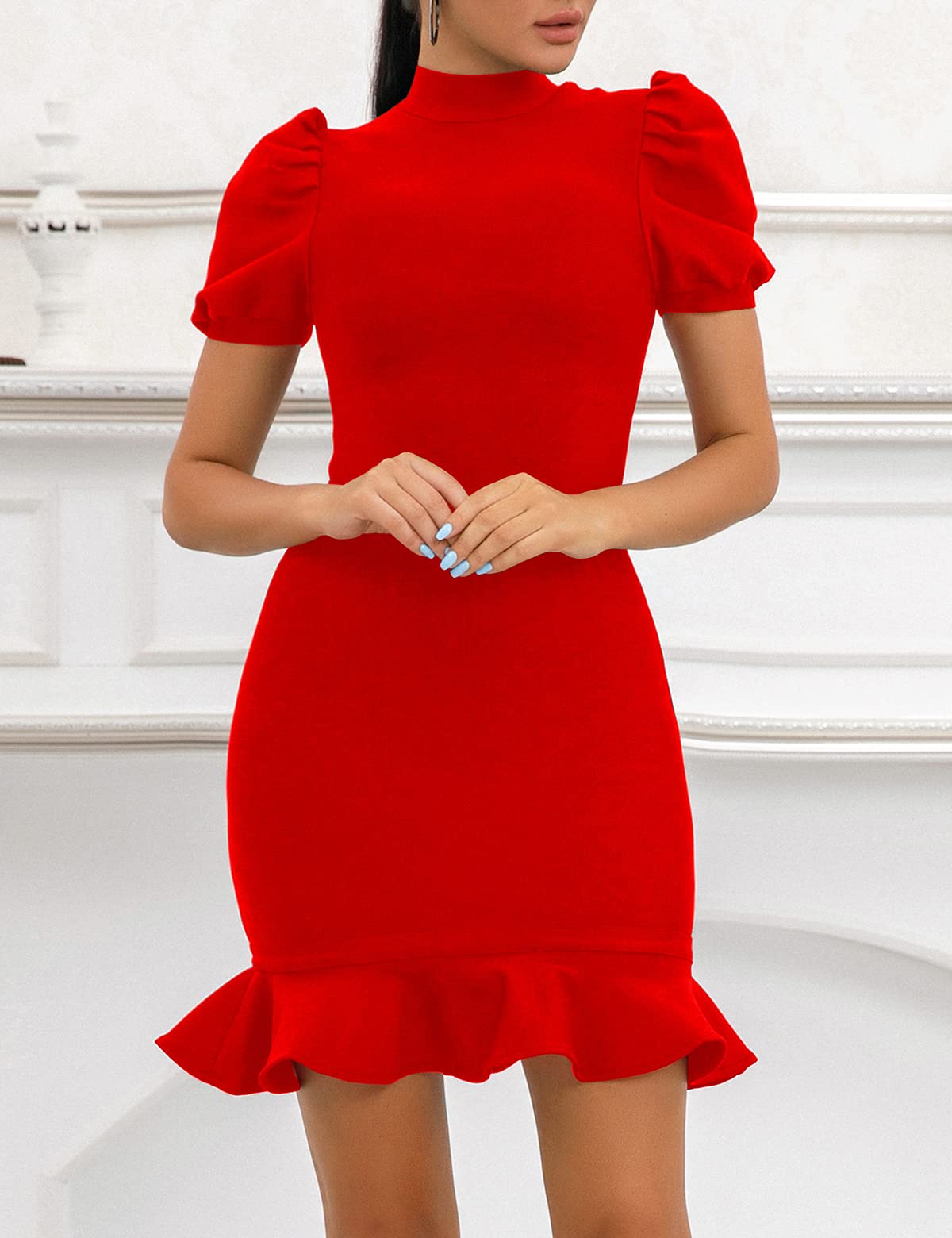 Women's Puff Sleeve Bandage Bodycon Dress with Fishtail Hem - Sexy Cocktail Party & Wedding Guest Dress for Night Out, Date Night, Club Wear & Special Occasions