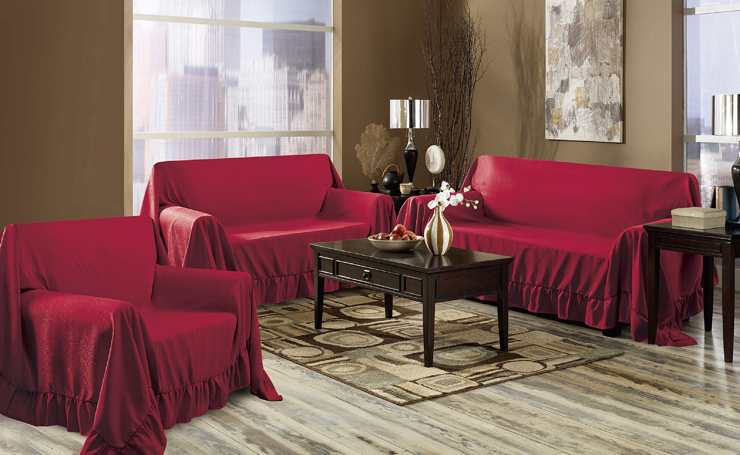 Kashi Home Venice 3-Piece Sofa Set Protector Cover - Sofa, Loveseat & Chair Slipcovers (Ruby Red) | Waterproof & Anti-Slip Furniture Covers for Living Room, Bedroom & Office Protection