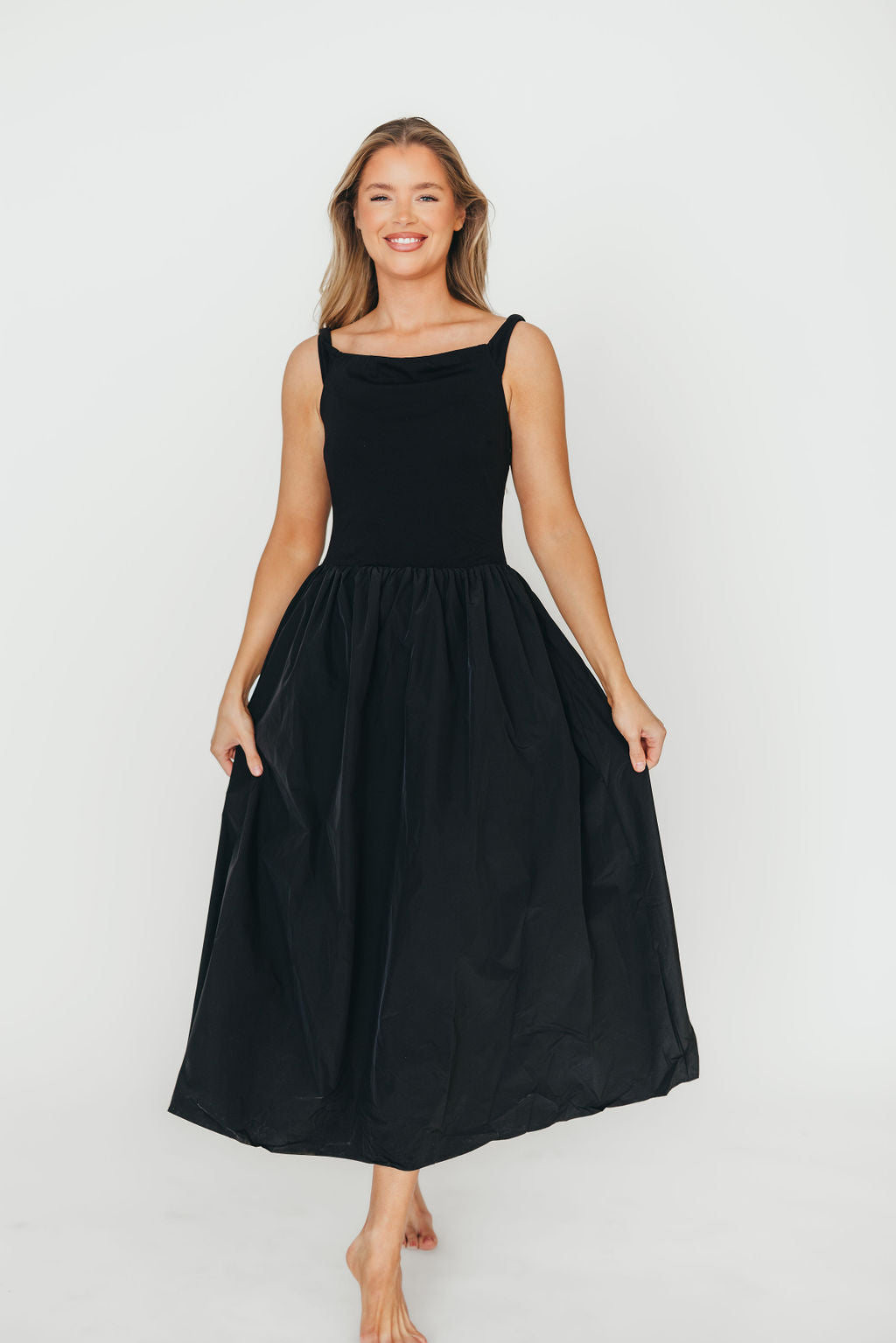 Elegant Bethany Off Shoulder Midi Dress in Black - Perfect for Date Night, Cocktail Parties & Summer Weddings