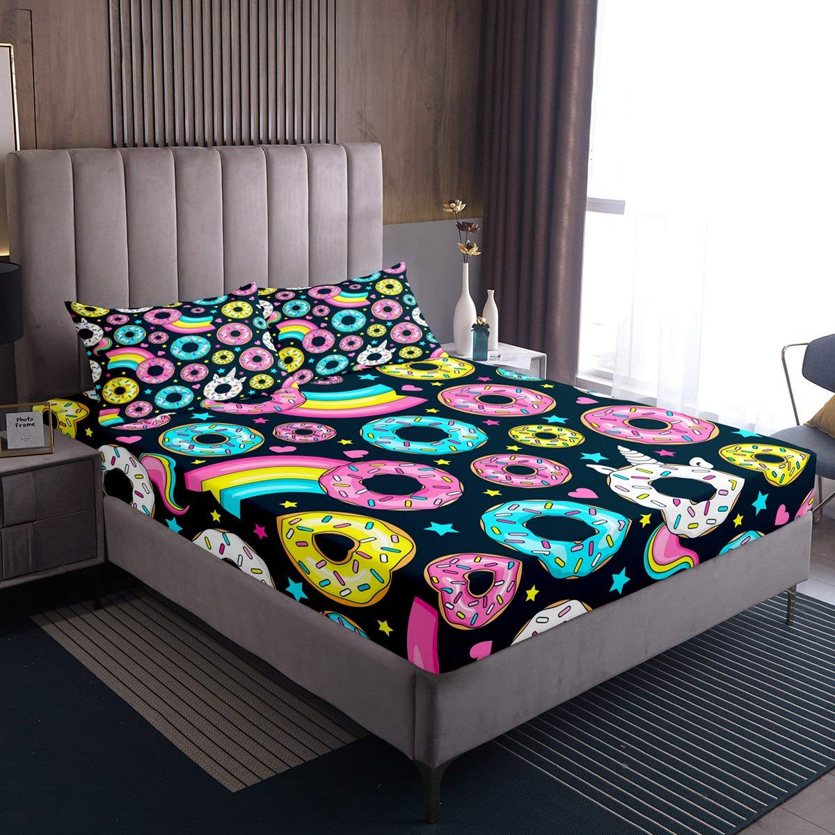 **Rainbow Donut Print Bedding Set - 3 Piece Full Size Bed Sheets with Deep Pockets & 2 Pillowcases - Colorful Multicolored Bed Cover for Girls Room Decor - Perfect for Kids Bedrooms, Dorm Rooms & Sleepovers**