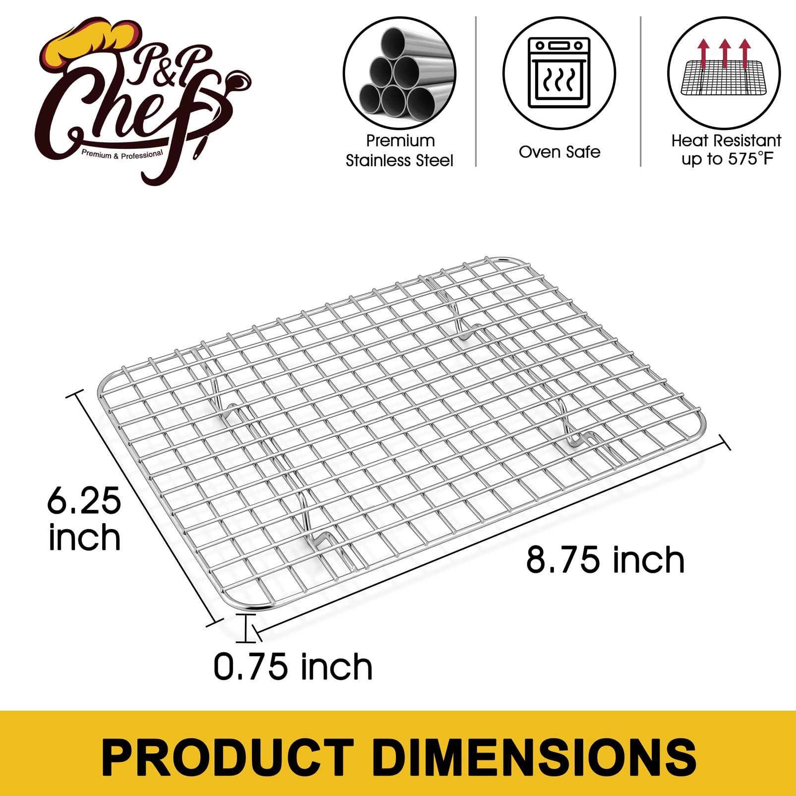 P&P CHEF 2-Piece Stainless Steel Cooling & Baking Rack Set - 8.75 Inch Heavy Duty Grid for Roasting, Drying, Grilling - Oven & Dishwasher Safe for Healthy Cooking - Perfect for Cookies, Breads, Meats & Veggies