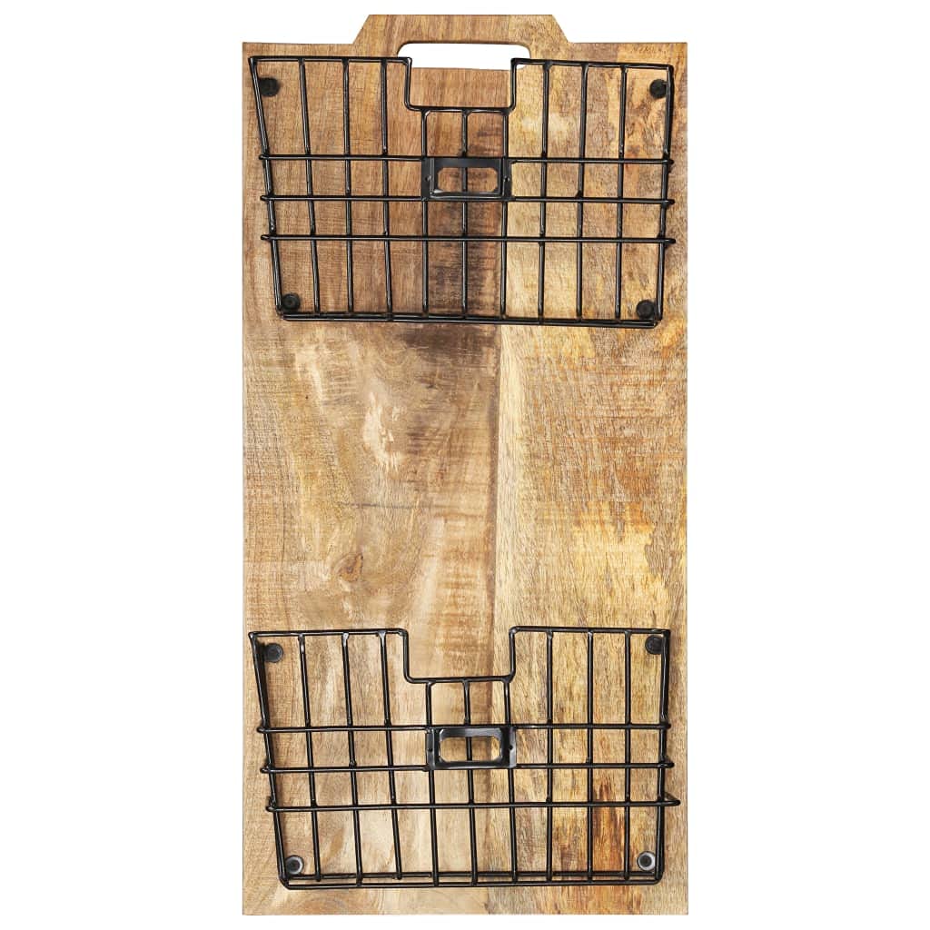 Brown Wall-Mounted Magazine Rack - Solid Mango Wood & Steel with 2 Storage Baskets - Polished Painted Varnished Finish - Perfect for Living Room, Office & Bedroom Organization