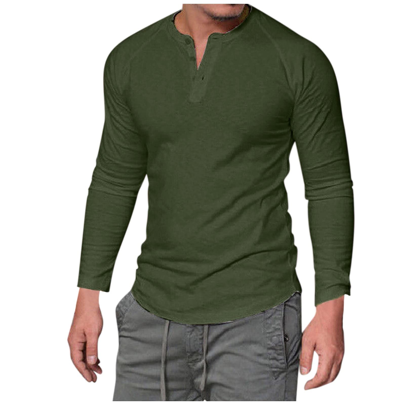 Men's Casual Long Sleeve Cotton T-Shirt - Round Neck Solid Color Button Pullover Blouse (Army Green, XXL) | Perfect for Everyday Wear, Office & Outdoor Activities
