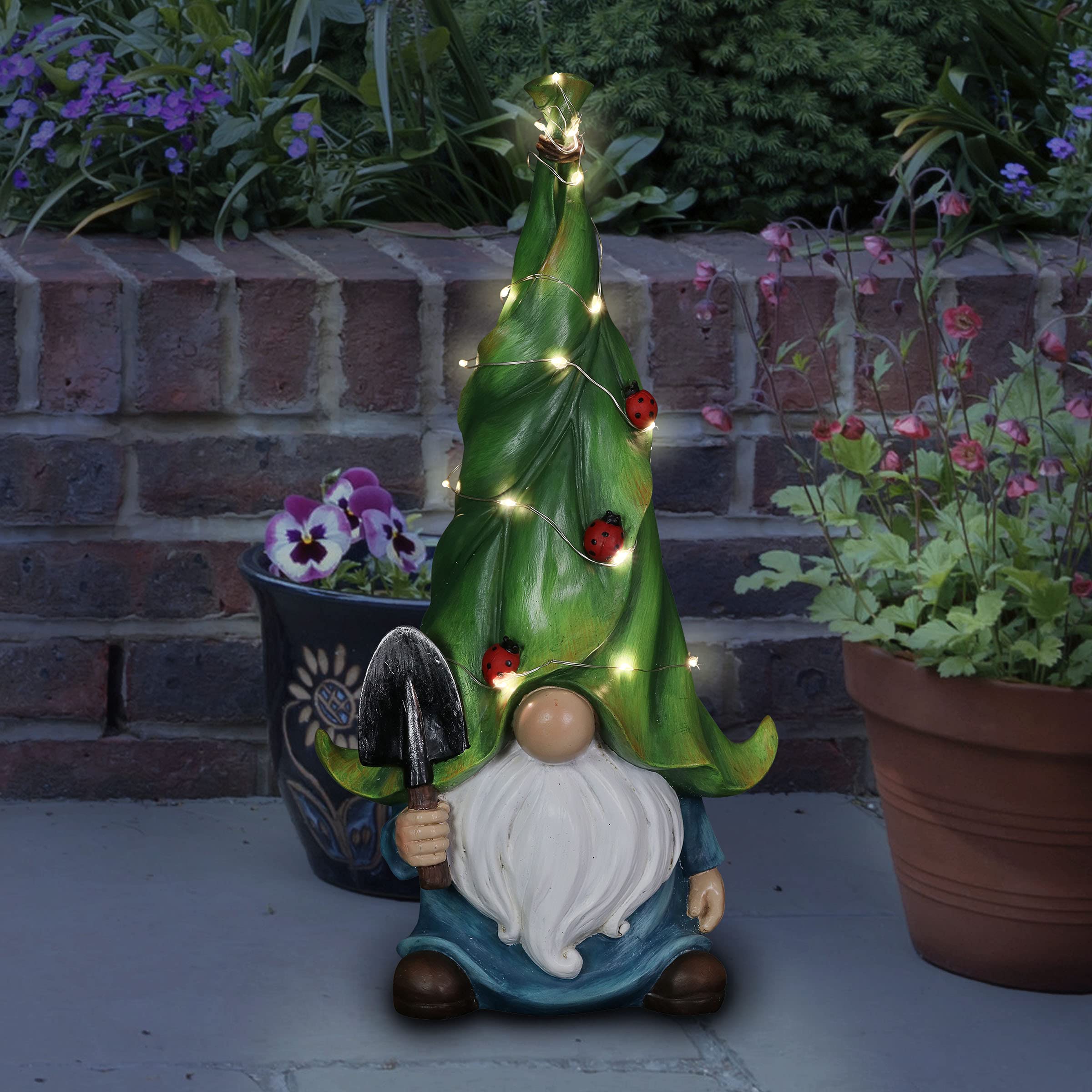 Solar-Powered Garden Gnome Statue with LED Firefly Lights - Exhart Outdoor Lawn Decor with Ladybugs & Trowel - 22 LED Lights, 7x5x14 Inch - Perfect for Yard, Garden & Patio Decoration
