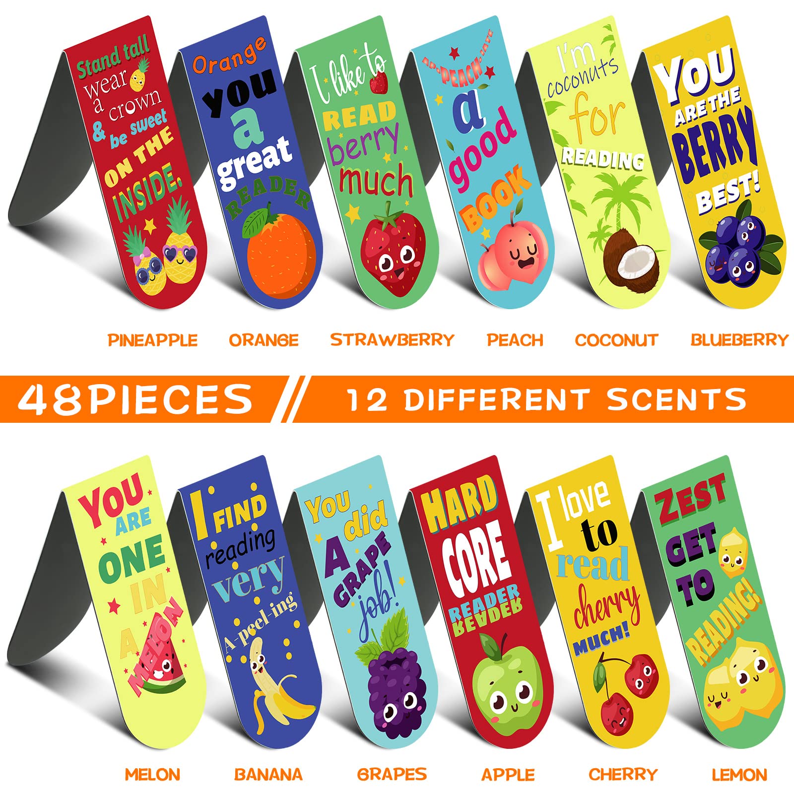 48 Pack Scented Magnetic Bookmarks - Scratch and Sniff Fruit Food Bookmarks for Kids, Students, Teens & Teachers - Fun Page Markers with Inspirational Sayings (Fruit Flavor) - Perfect for Reading, Gifts, School Supplies & Book Lovers