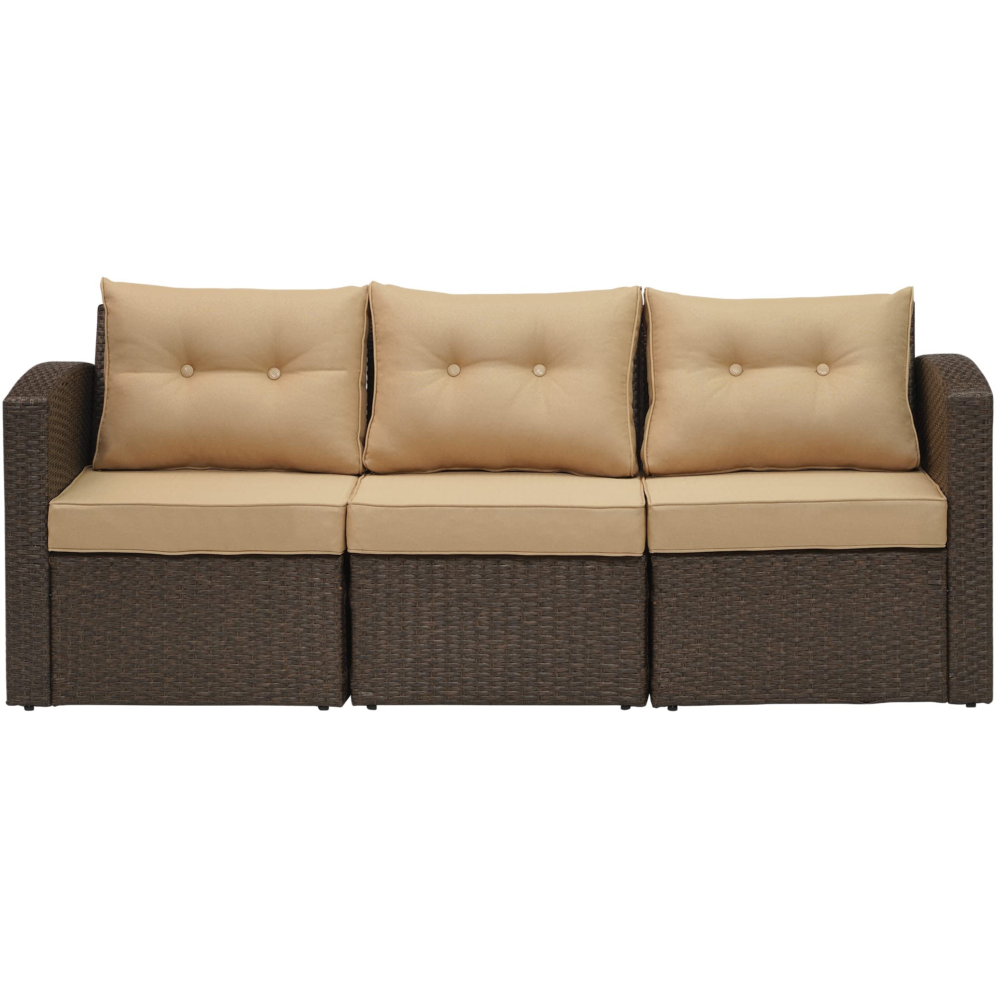 3-Piece All-Weather Brown Wicker Patio Furniture Set - Outdoor Rattan Sectional Sofa with Beige Cushions & Aluminum Frame - Perfect for Garden, Deck, Poolside & Backyard Relaxation