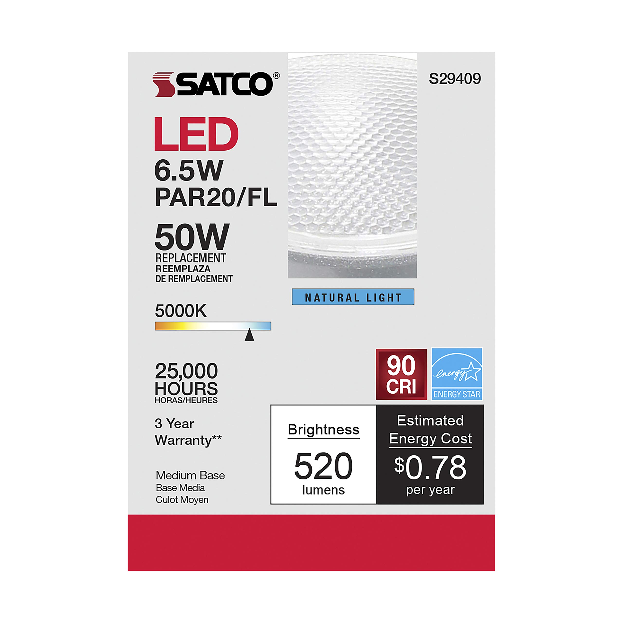 Satco S29409 6.5W PAR20 LED Light Bulb - 6 Pack, 5000K Daylight White, 520 Lumens, Dimmable, 120V, Energy Efficient - Perfect for Recessed Lighting, Track Lights, and Display Cases