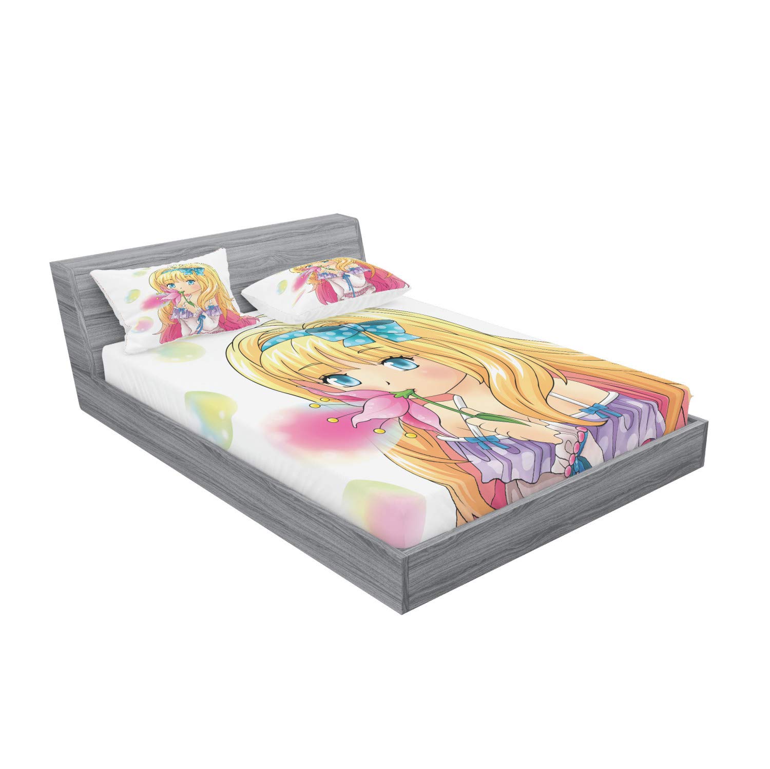 Ambesonne Anime Fitted Sheet & Pillow Sham Set - Manga Girl Blowing Bubbles Japanese Cartoon Art Print, 3-Piece Queen Size Bedding Set in Pink & Yellow | Perfect for Anime Fans' Bedroom Decor, Themed Guest Rooms & Gift for Manga Lovers