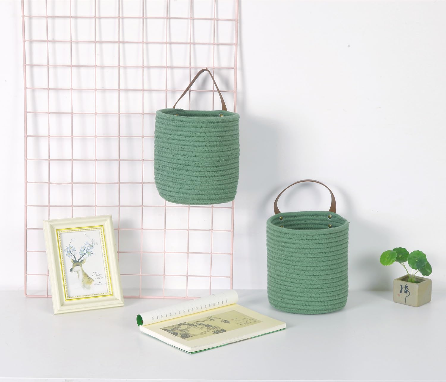 2-Pack Small Hanging Basket with Handle - Cotton Rope Wall Storage Baskets for Home Organization, 6.3