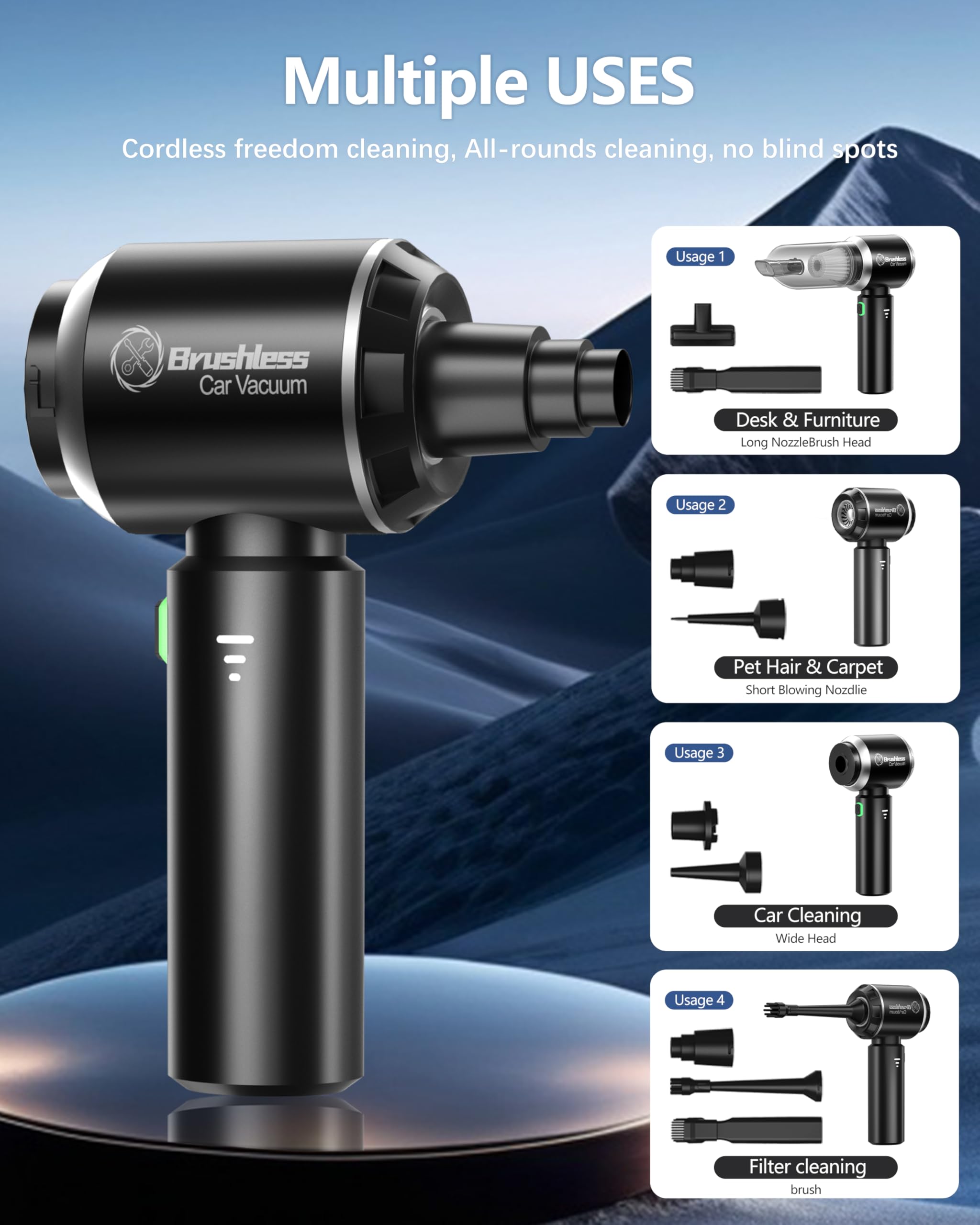 Powerful Cordless Handheld Car Vacuum Cleaner - 18000PA Brushless Motor, 4-in-1 Blowing/Sucking/Charging, Portable for Home, Car & Office | Ideal for Pet Hair, Crumbs & Car Detailing