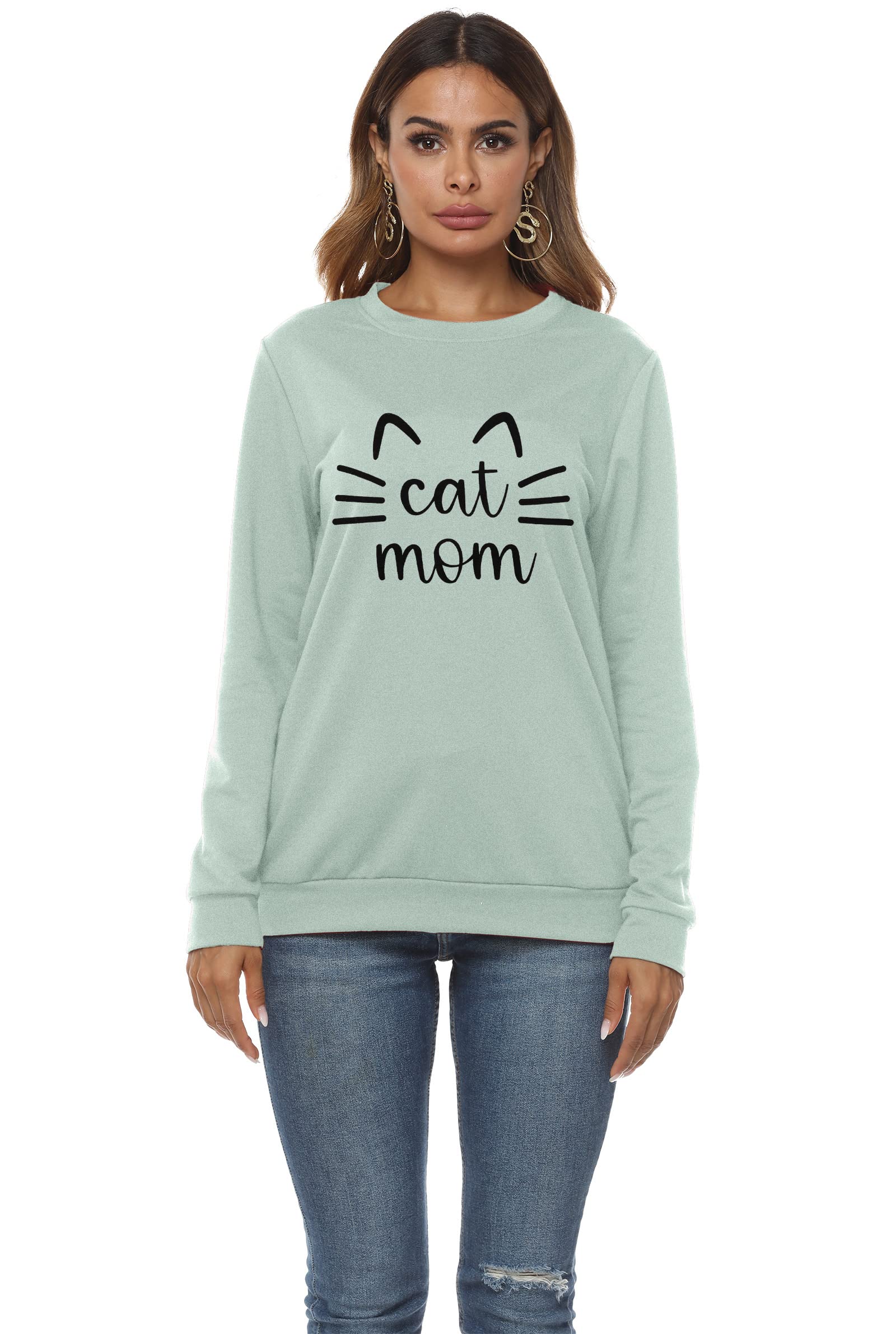 Women's Cat Mom Sweatshirt - Cute Cat Mama Long Sleeve Graphic T-Shirt Top | Perfect for Mother's Day, Cat Lovers & Casual Wear