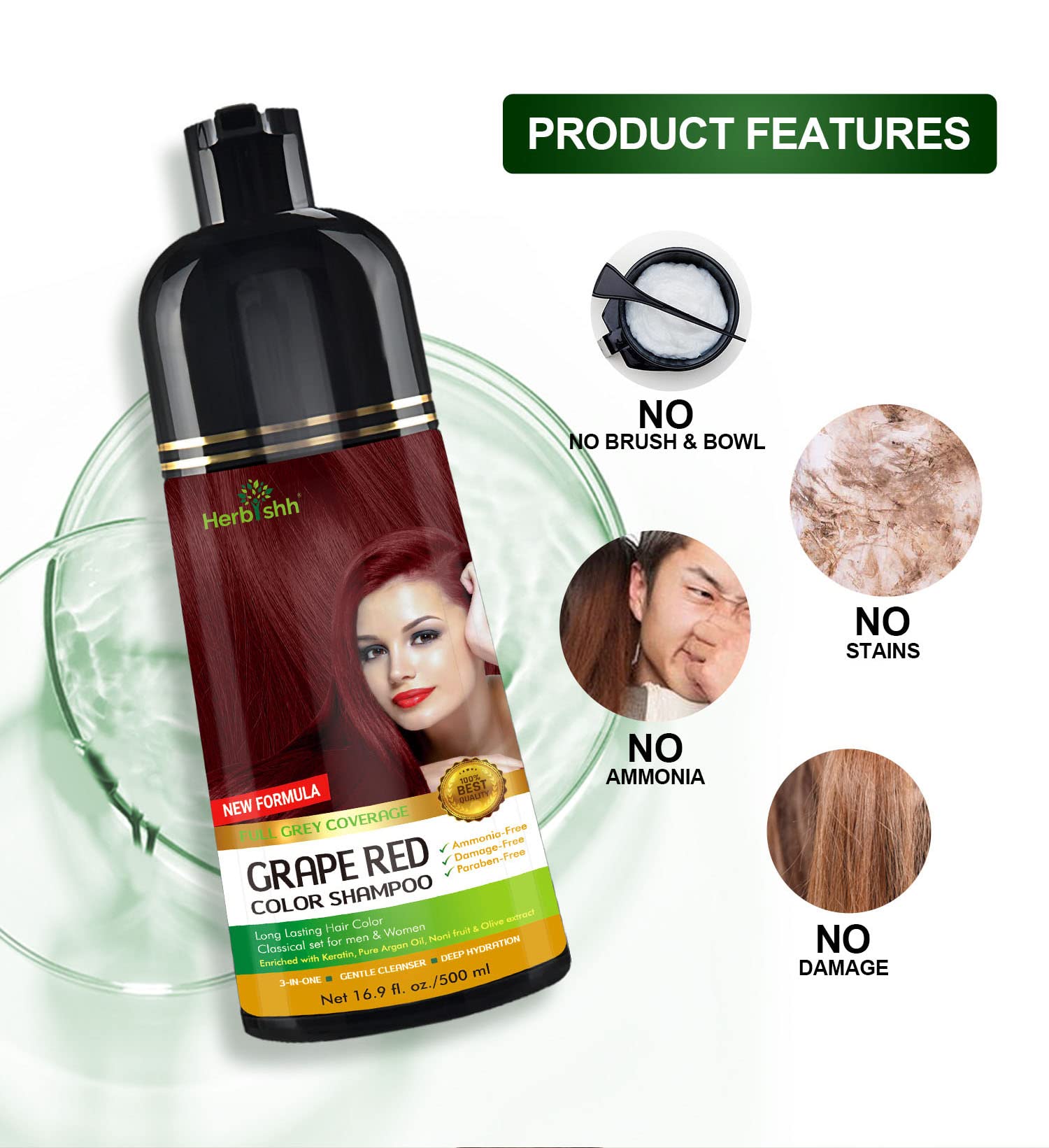 Herbishh Grape Red Hair Color Shampoo & Cream Set for Gray Hair Coverage - 500ml Permanent Dye with Natural Ingredients | At-Home Hair Coloring Solution for Women & Men