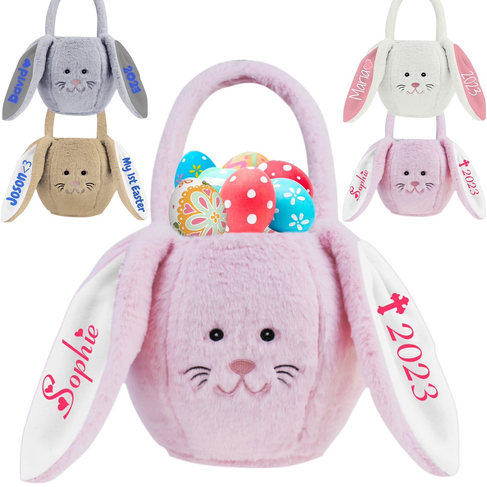 Personalized Bunny Easter Basket with Name - Custom Plush Easter Gift Basket with Handle for Kids, Girls, Baby & Toddler - Fluffy Pink Egg Bag for Easter Egg Hunt, Party Favors & Spring Celebrations