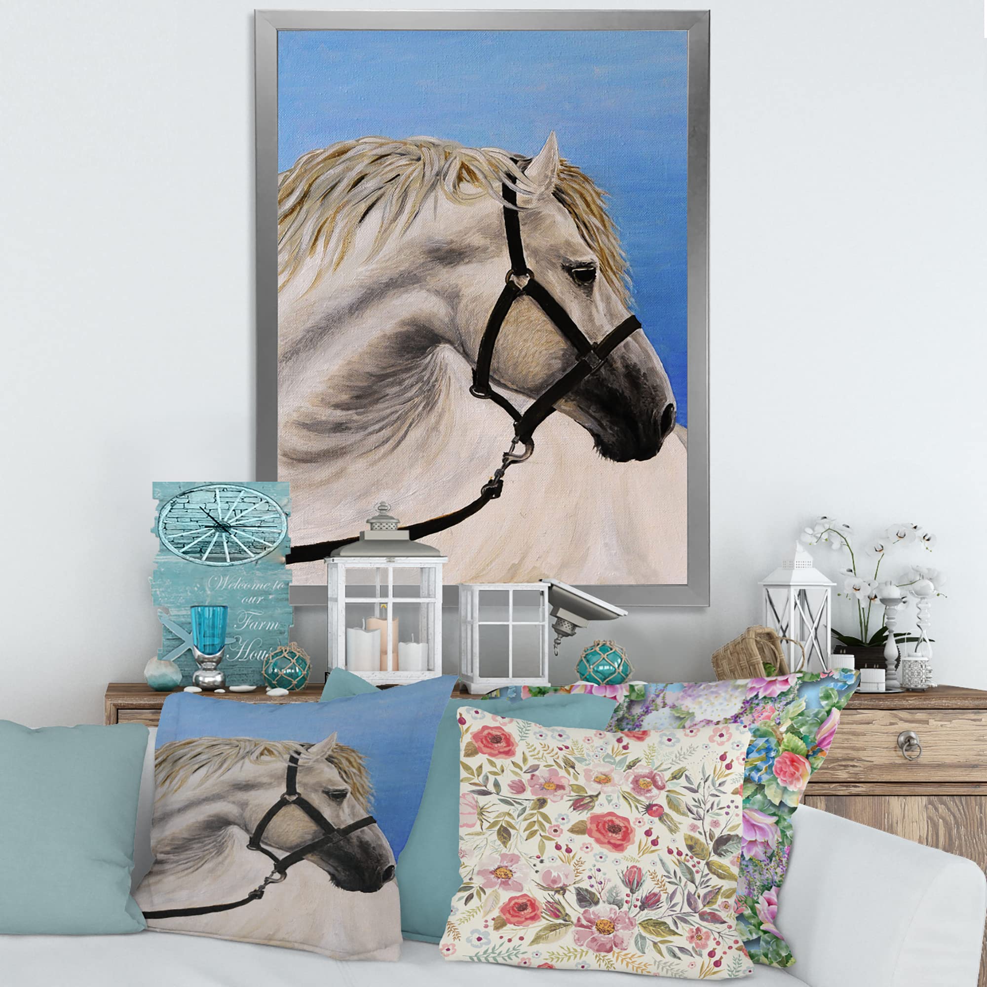 Farmhouse Framed Wall Art - White Horse Portrait in the Furrow - Rustic Home Decor for Living Room, Bedroom & Office