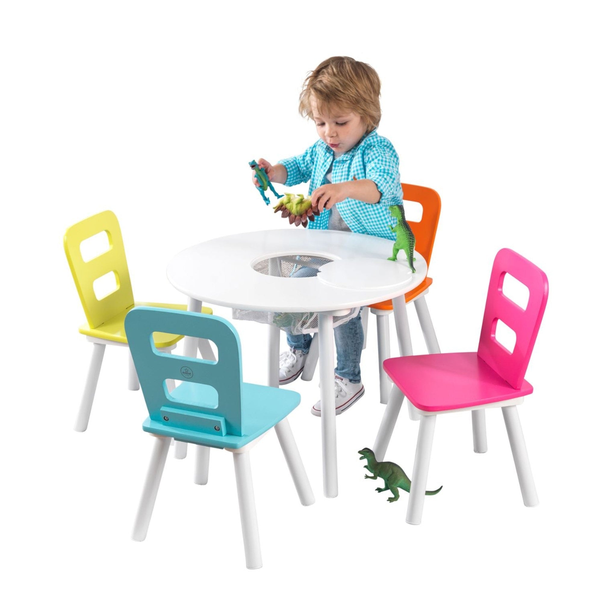 KidKraft Round Storage Table & 4 Chair Set - Kids Playroom Furniture with Storage Bins, Perfect for Arts & Crafts, Snack Time, and Learning Activities