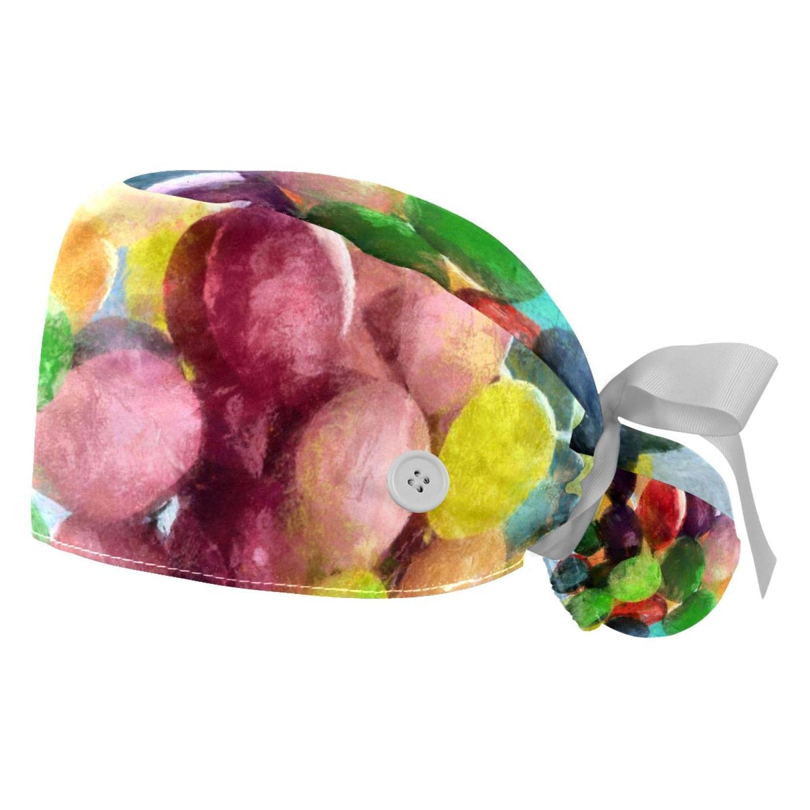 Hand Drawn Balloons Scrub Hats for Women & Men - 2 Pack Long Hair Surgical Caps with Button & Sweatband, Unisex Tie Back Working Hats for Nurses, Doctors & Healthcare Professionals - Perfect for Hospitals, Clinics & Medical Work