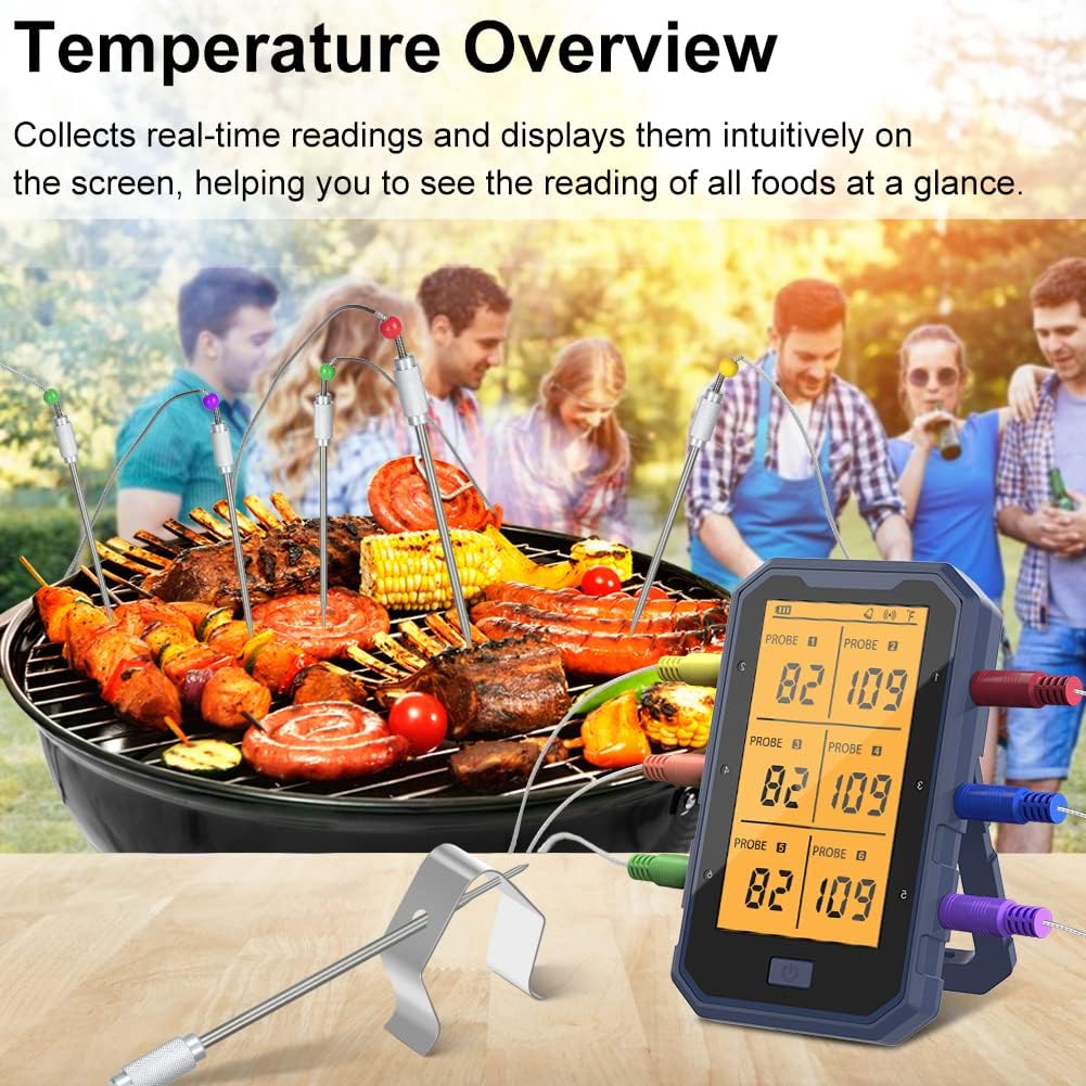 Wireless Bluetooth Meat Thermometer with 6 Probes - Digital BBQ Grill & Smoker Thermometer for Cooking, Turkey, Oven - APP Monitoring, Timer & Alarm - Perfect for Outdoor Grilling, Smoking, and Kitchen Use