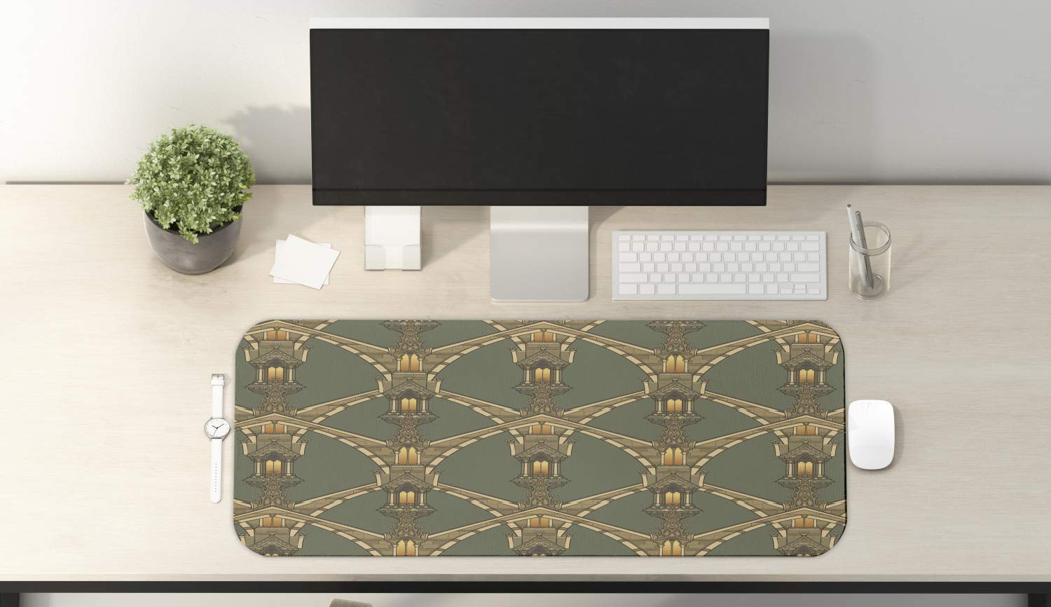 Ambesonne Gothic Style Antique Computer Mouse Pad - Medieval Architectural Design, Non-Slip Rubber Base, Large Gaming Size 31