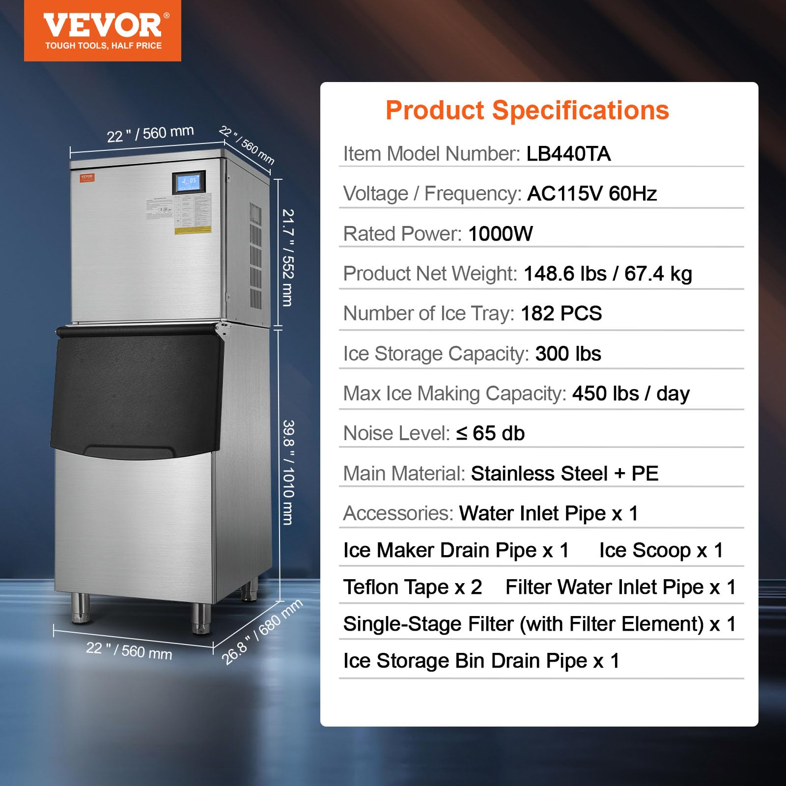 VEVOR Commercial Ice Maker Machine 450LBS/24H with 300LBS Storage Bin, 1000W Self-Cleaning Ice Machine with 3.5