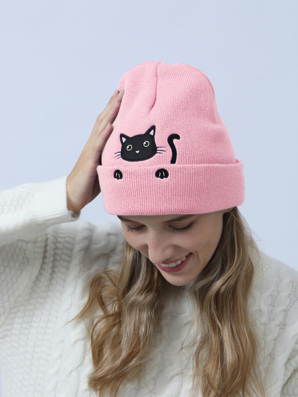 Women's Knitted Cat Lovers Beanie - Cute Animal Hat for Cat Moms | Warm Winter Hat for Women | Perfect Gift for Cat Lovers & Christmas