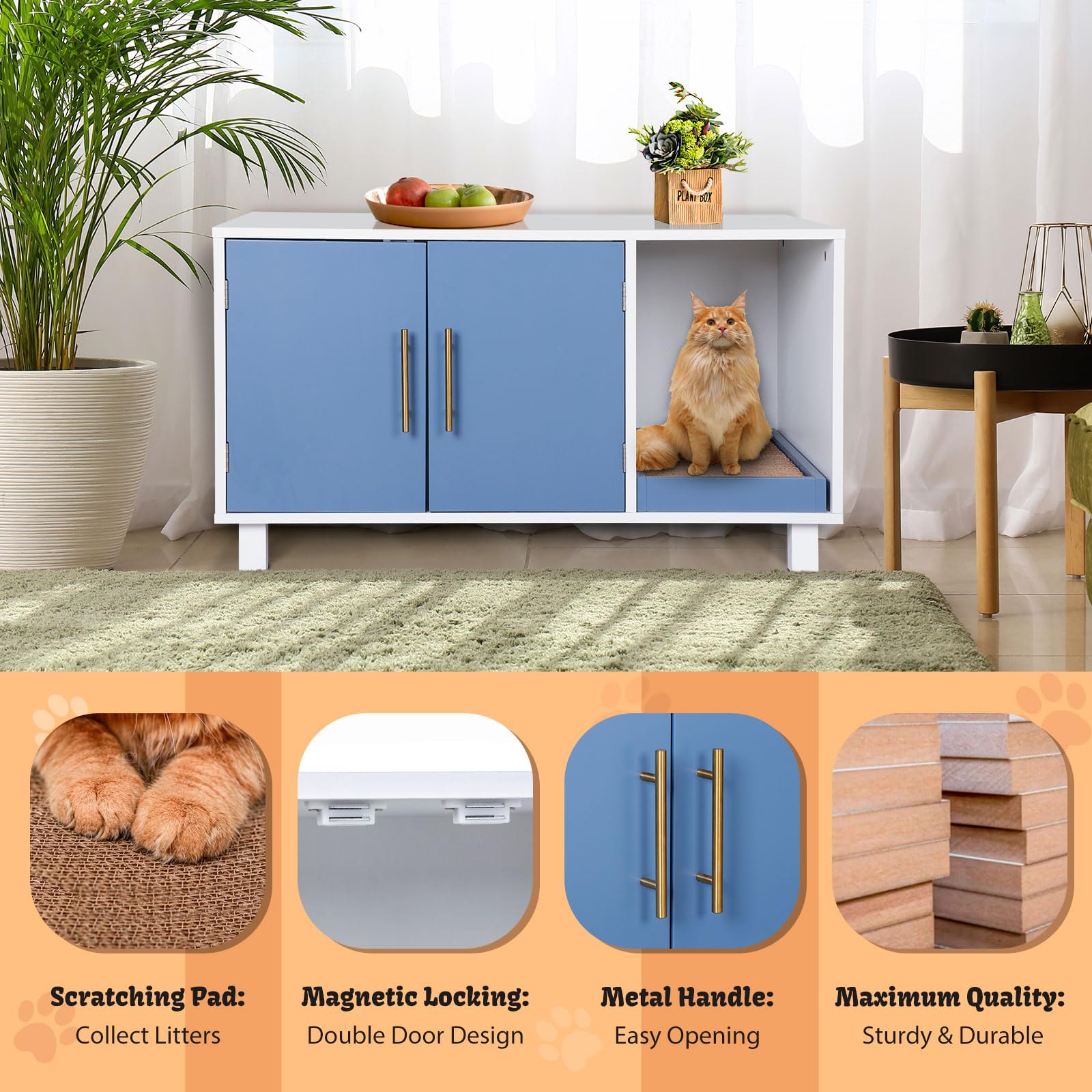 Modern Wood Cat Litter Box Enclosure - Hidden Cat House Furniture with Scratching Pad | Washable Pet Crate for Indoor Cats | Perfect for Small Spaces & Home Decor