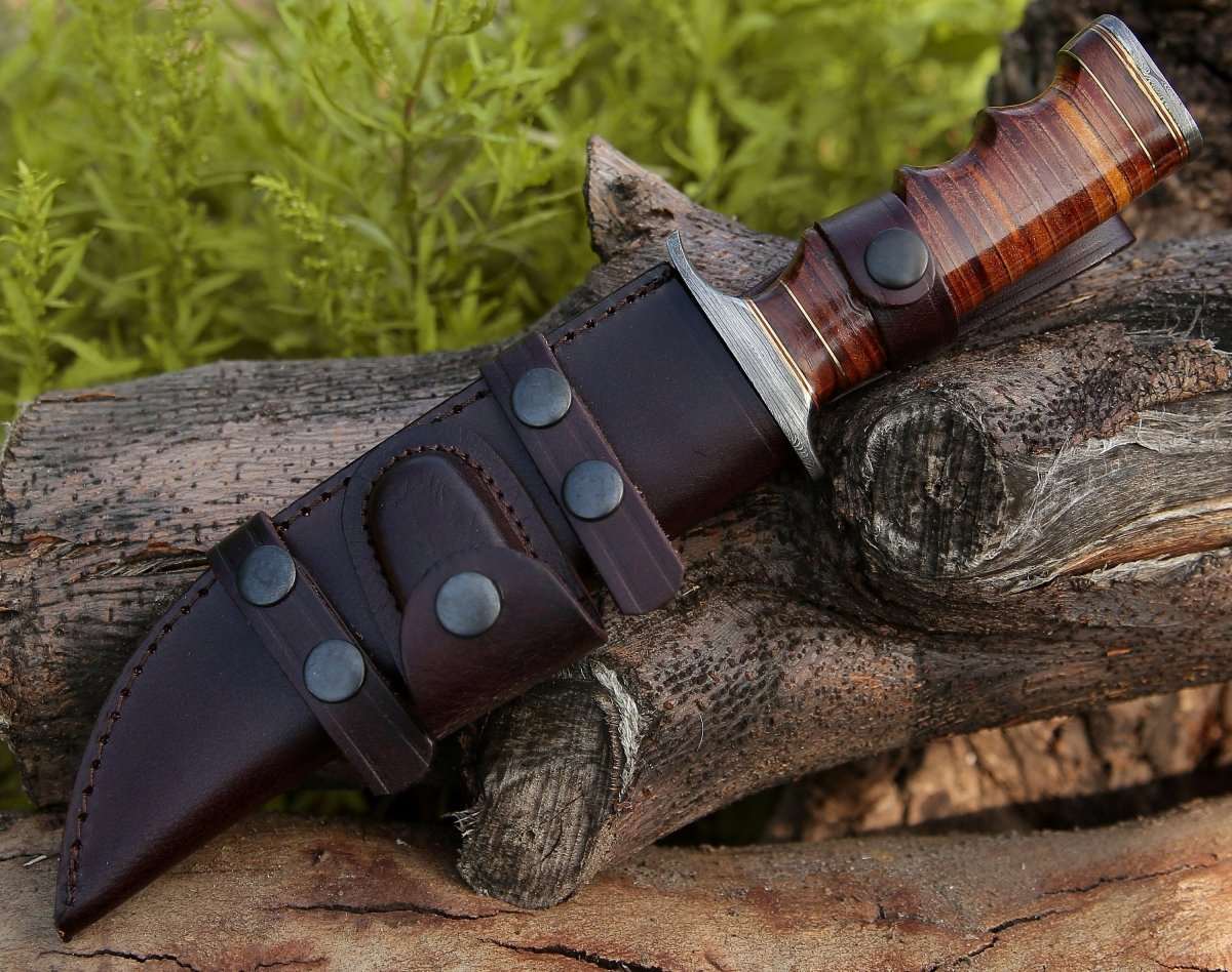 Premium Flux Bowie Knife with Stacked Leather Handle - Tactical Survival Knife for Outdoor Camping, Hunting & Bushcraft - Durable Fixed Blade Knife for Hiking, Adventure & EDC