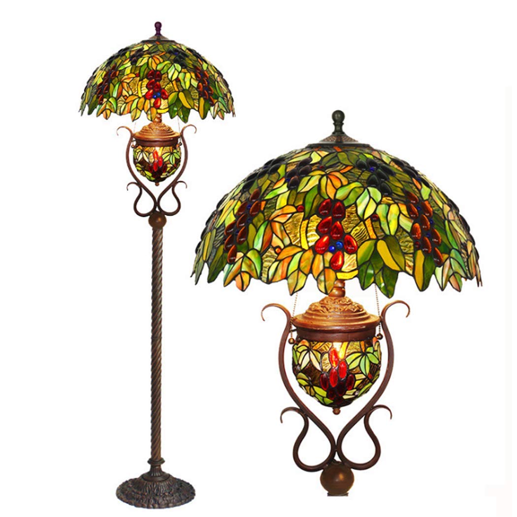 Vintage Tiffany Style Floor Lamp with Night Light - 65 Inch Tall Stained Glass Grape Shade, 3 E27/E12 Bulbs, Farmhouse Decor for Living Room, Bedroom, or Office - Perfect for Reading & Ambient Lighting