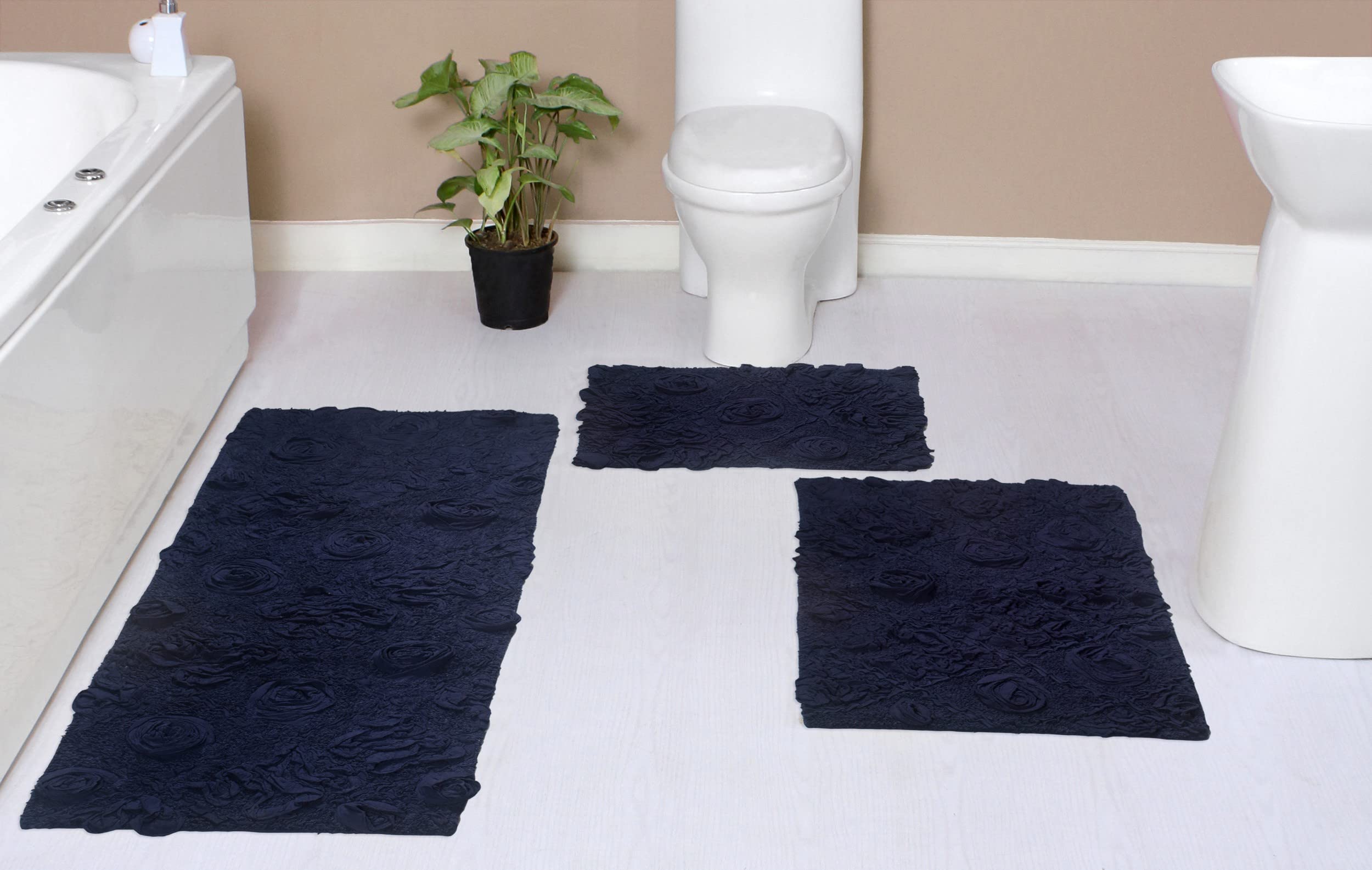 Home Weavers Modesto 100% Cotton Bath Rug Set - Ultra Soft & Absorbent Non-Slip Bathroom Mats, Washable Kitchen & Bath Floor Mats with Runner - 3 Piece Set in Navy | Perfect for Bathrooms, Showers & Entryways