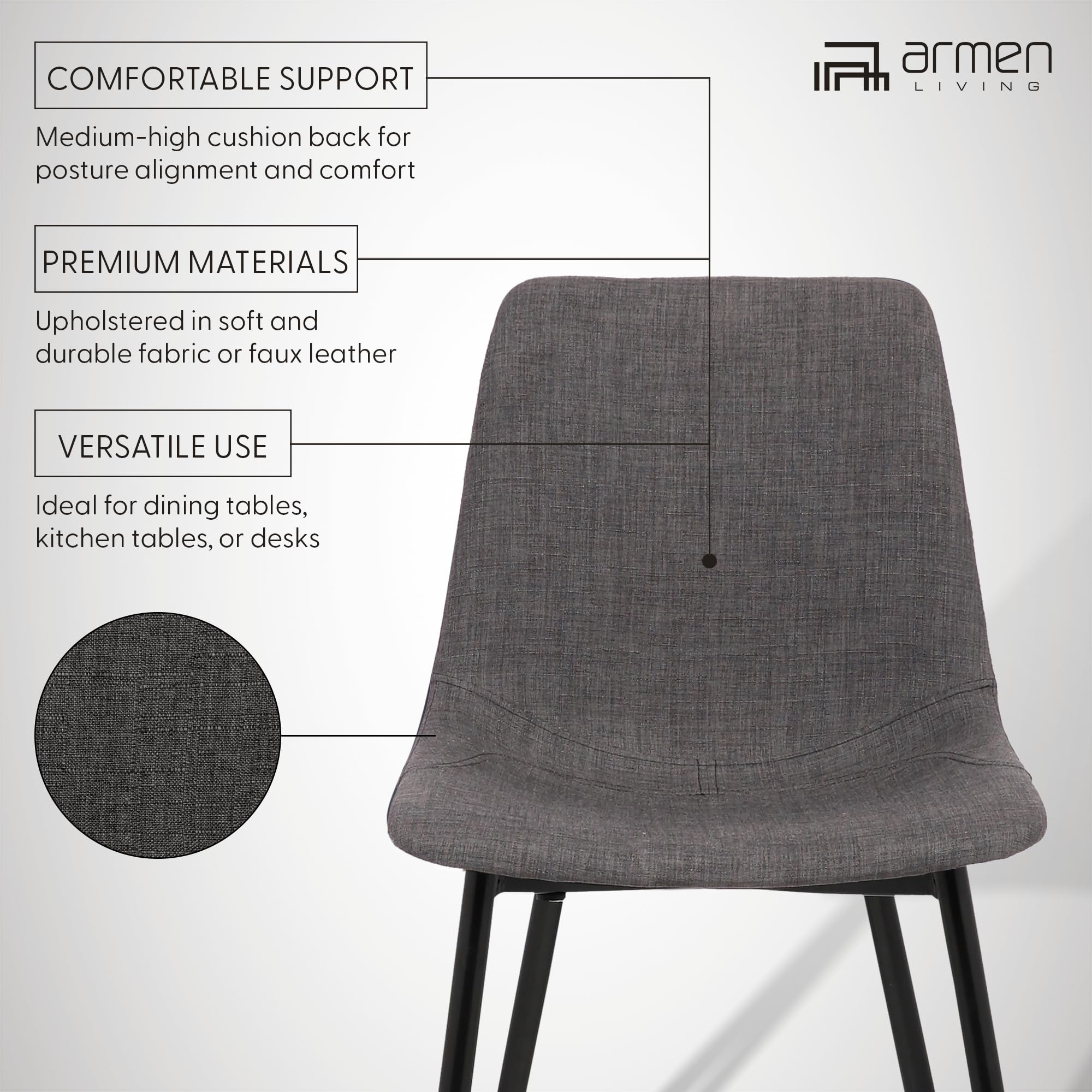 Armen Living Monte Mid Century Modern Dining Chair - Charcoal Gray Fabric Upholstery with Black Metal Legs - Perfect for Kitchen, Dining Table, Home Office Desk & Vanity Areas